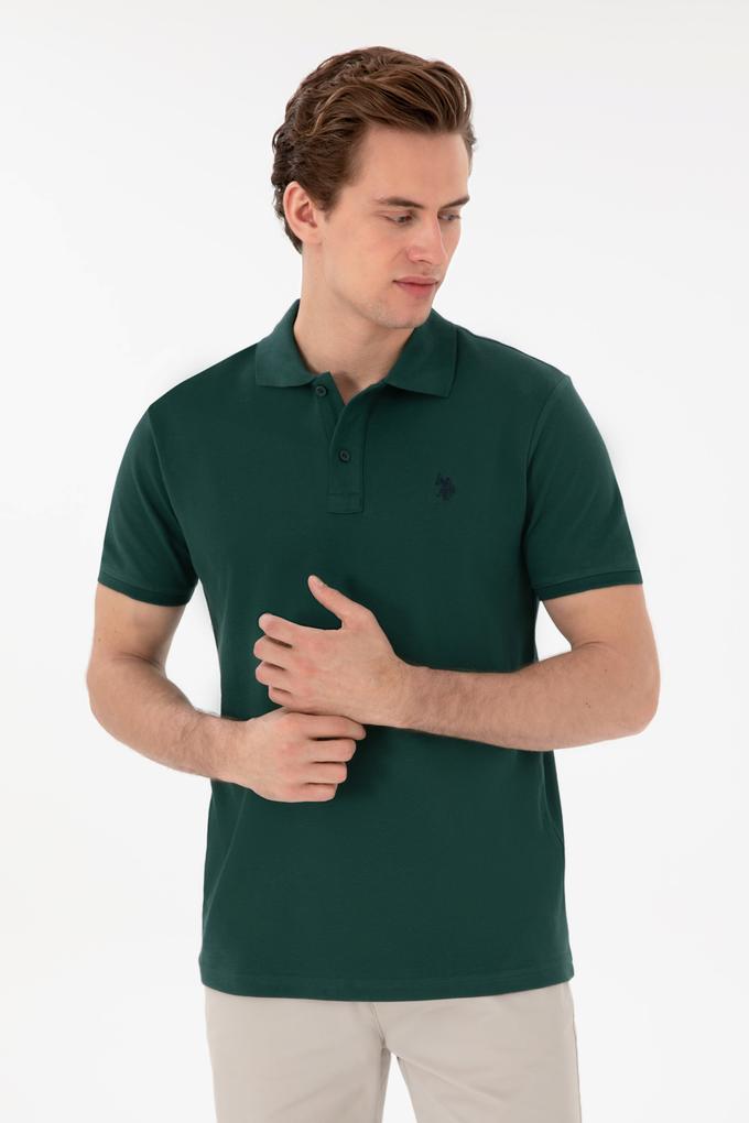 Erkek Slim Fit Polo Yaka Koyu Yeşil Basic Tişört