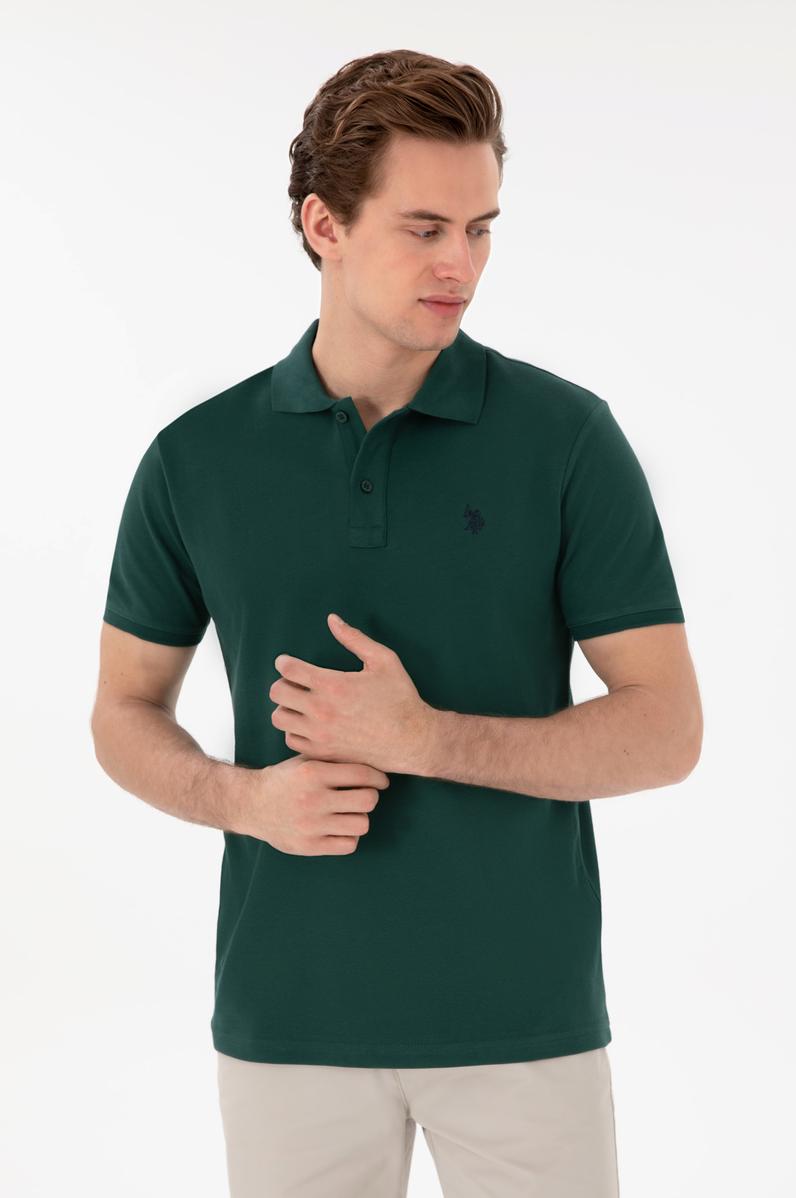Erkek Slim Fit Polo Yaka Koyu Yeşil Basic Tişört