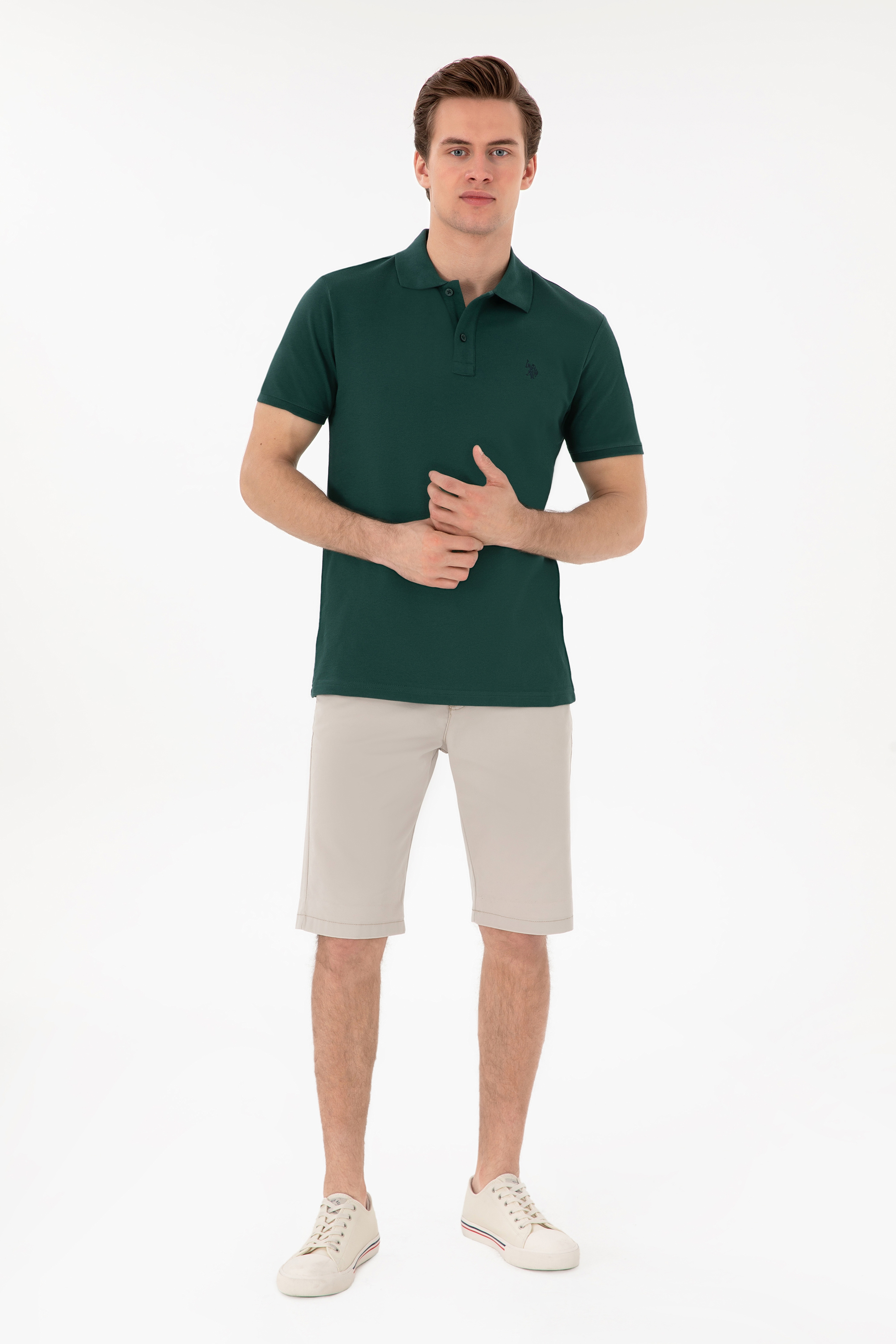 Erkek Slim Fit Polo Yaka Koyu Yeşil Basic Tişört