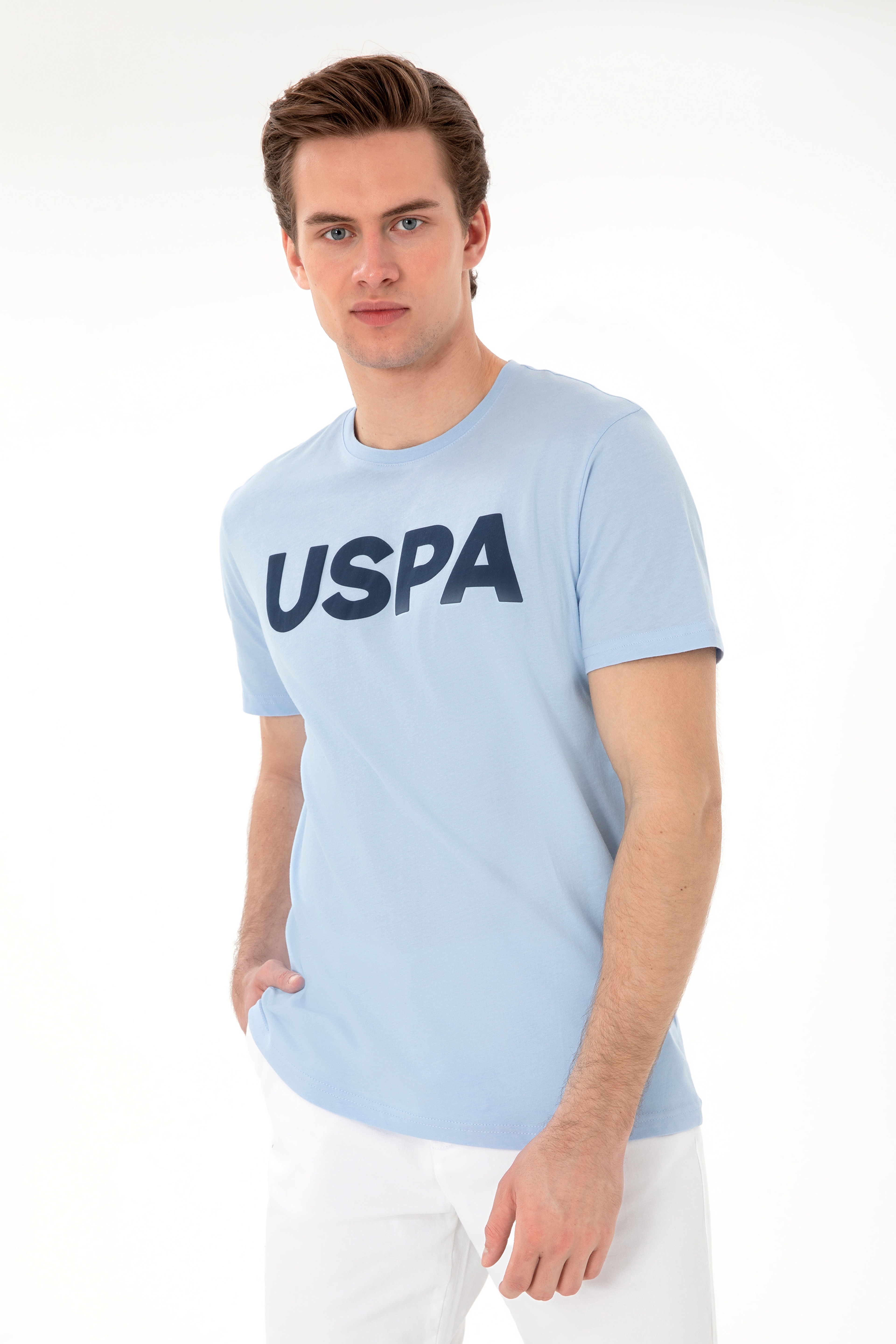 Erkek Regular Fit Bisiklet Yaka Açık Mavi Basic Tişört - Image 1