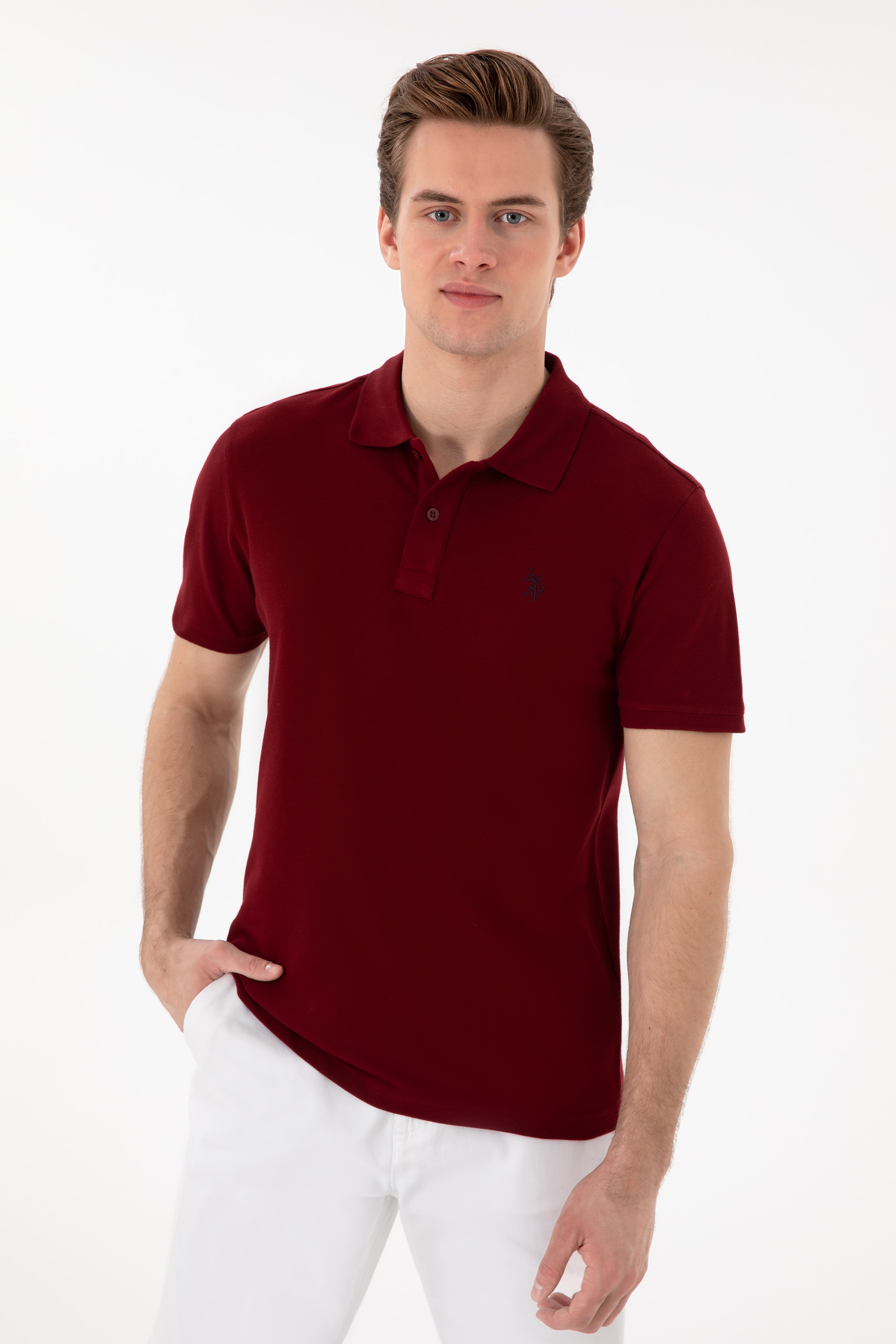 Erkek Slim Fit Polo Yaka Bordo Basic Tişört - Image 3