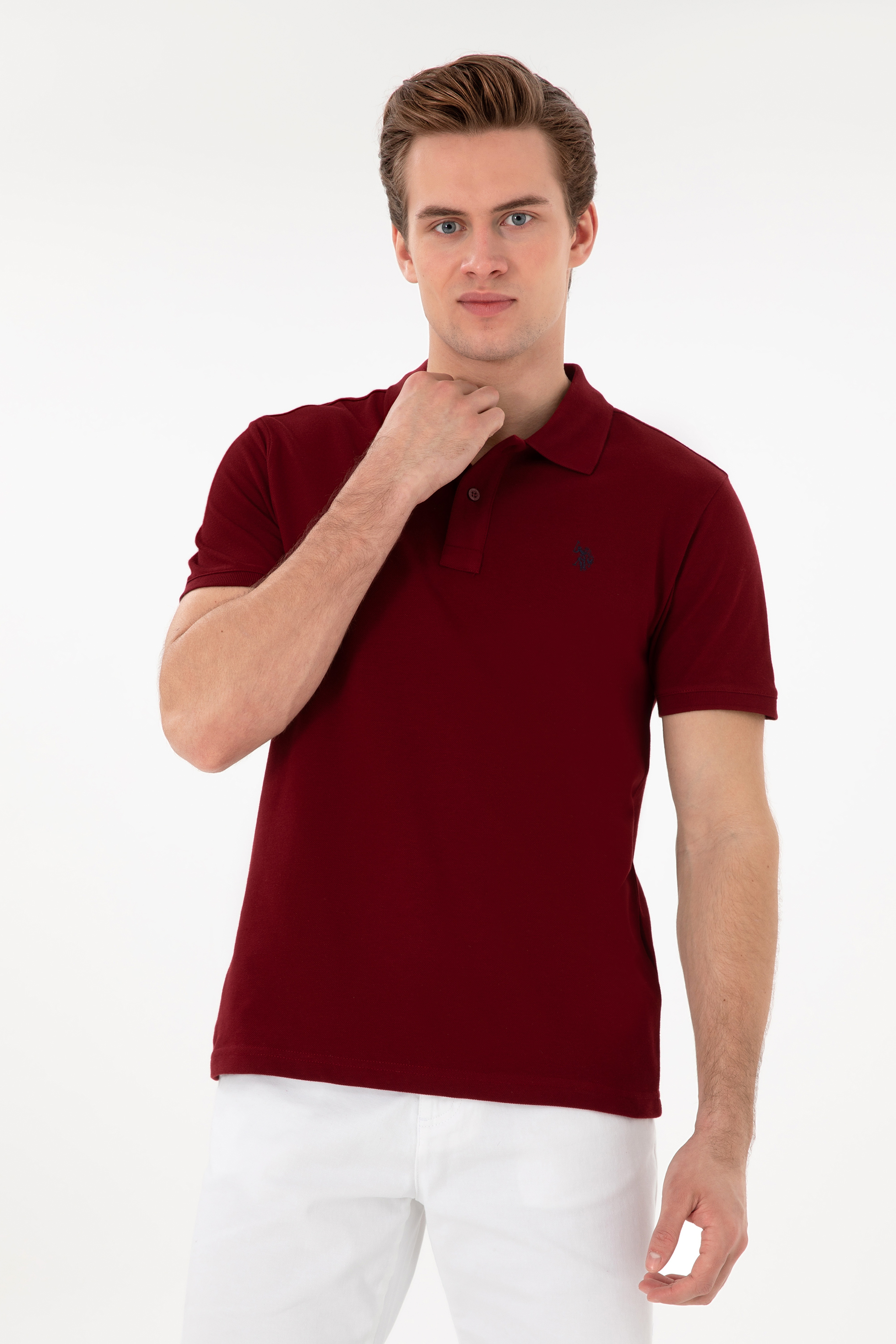 Erkek Slim Fit Polo Yaka Bordo Basic Tişört - Image 1