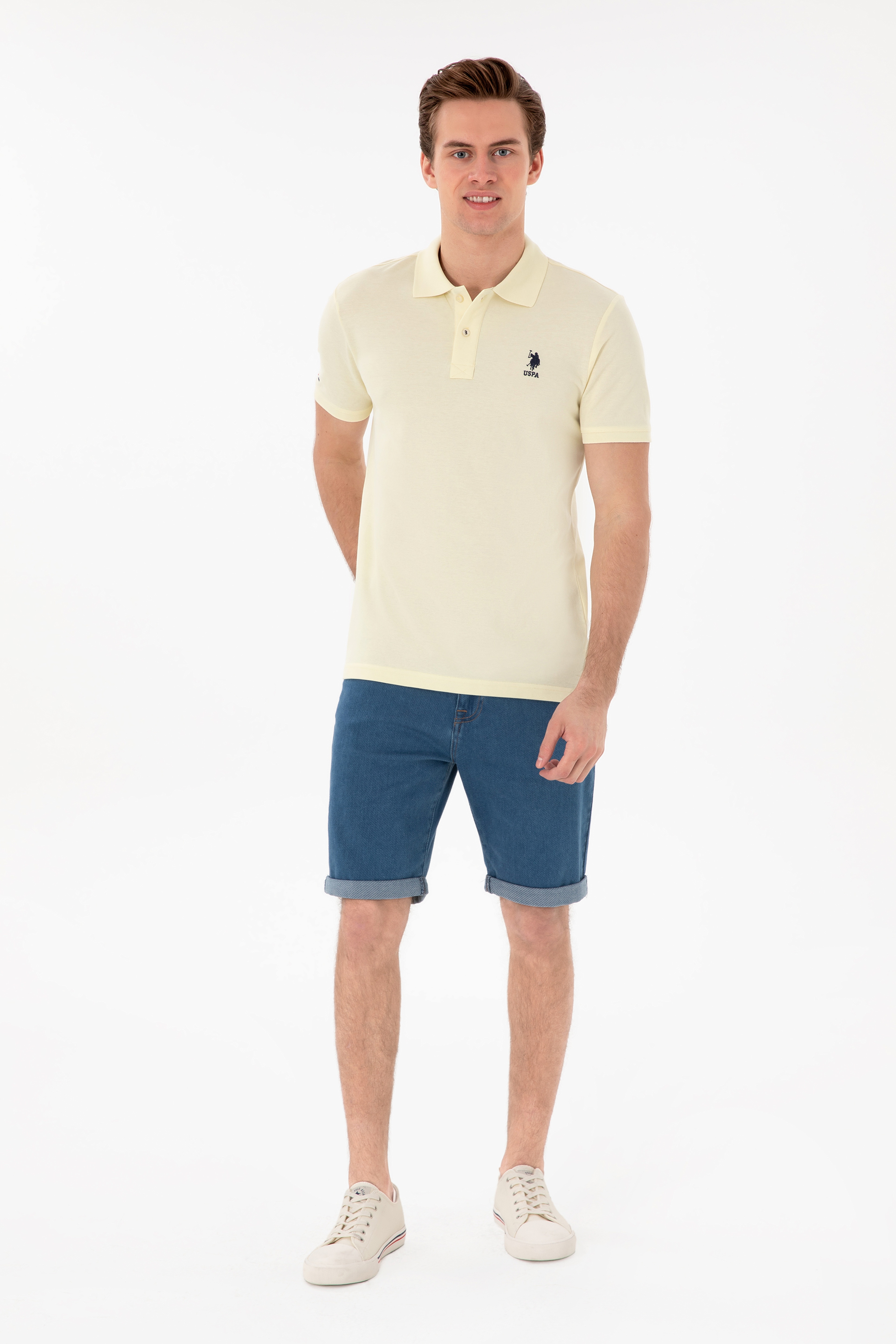 Erkek Slim Fit Polo Yaka Limon Basic Tişört - Image 4