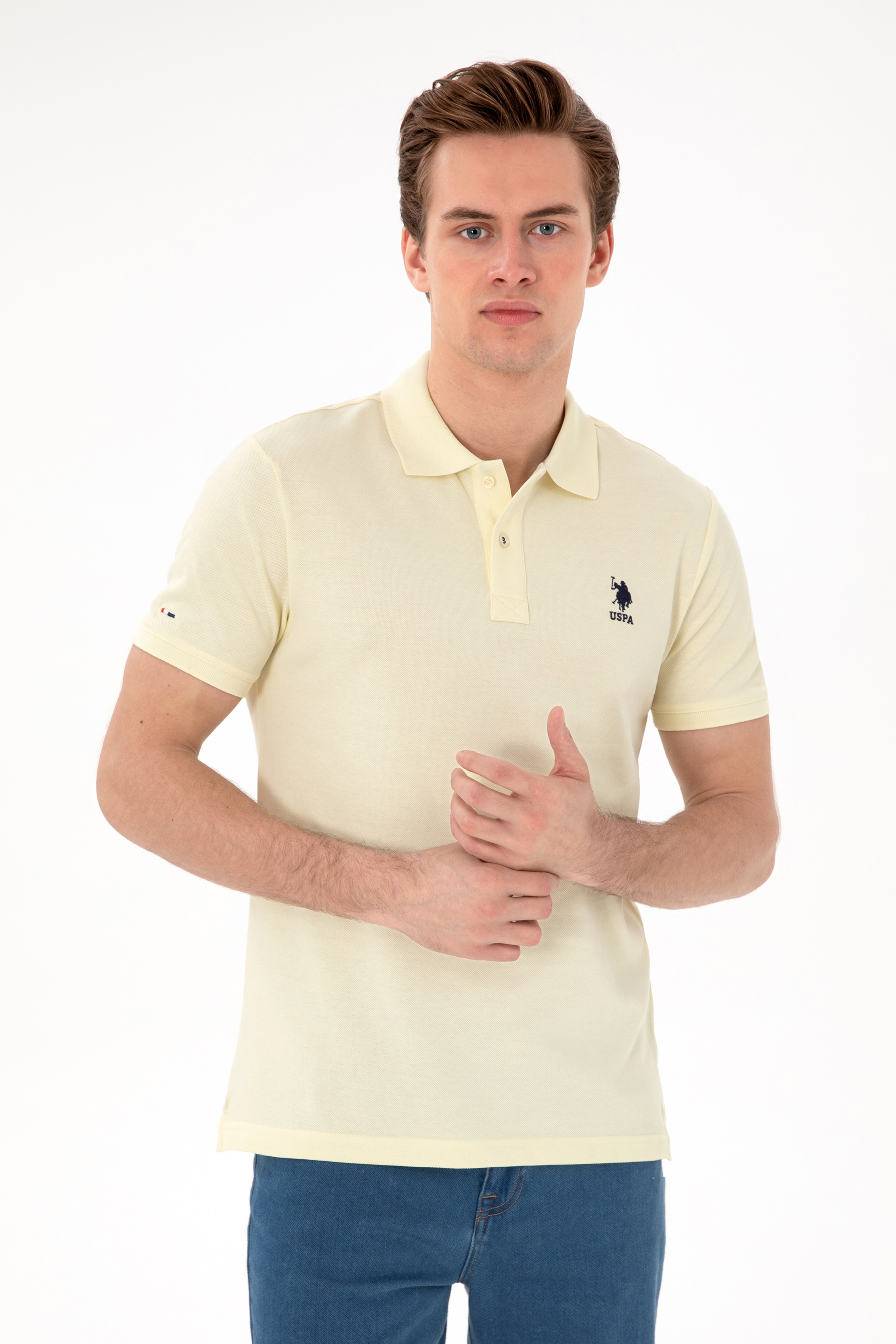 Erkek Slim Fit Polo Yaka Limon Basic Tişört - Image 1