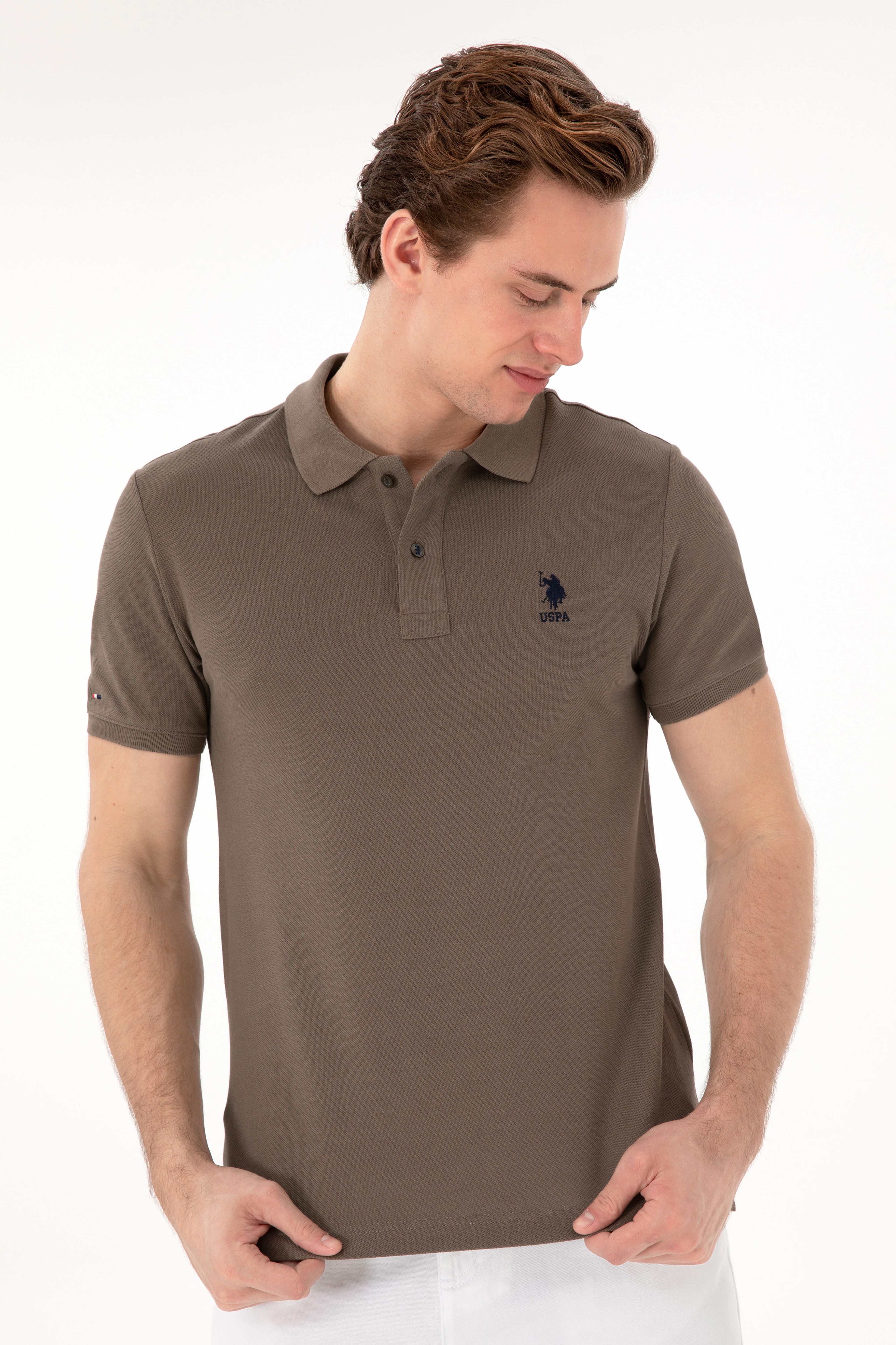 Erkek Slim Fit Polo Yaka Vizon Basic Tişört - Image 3