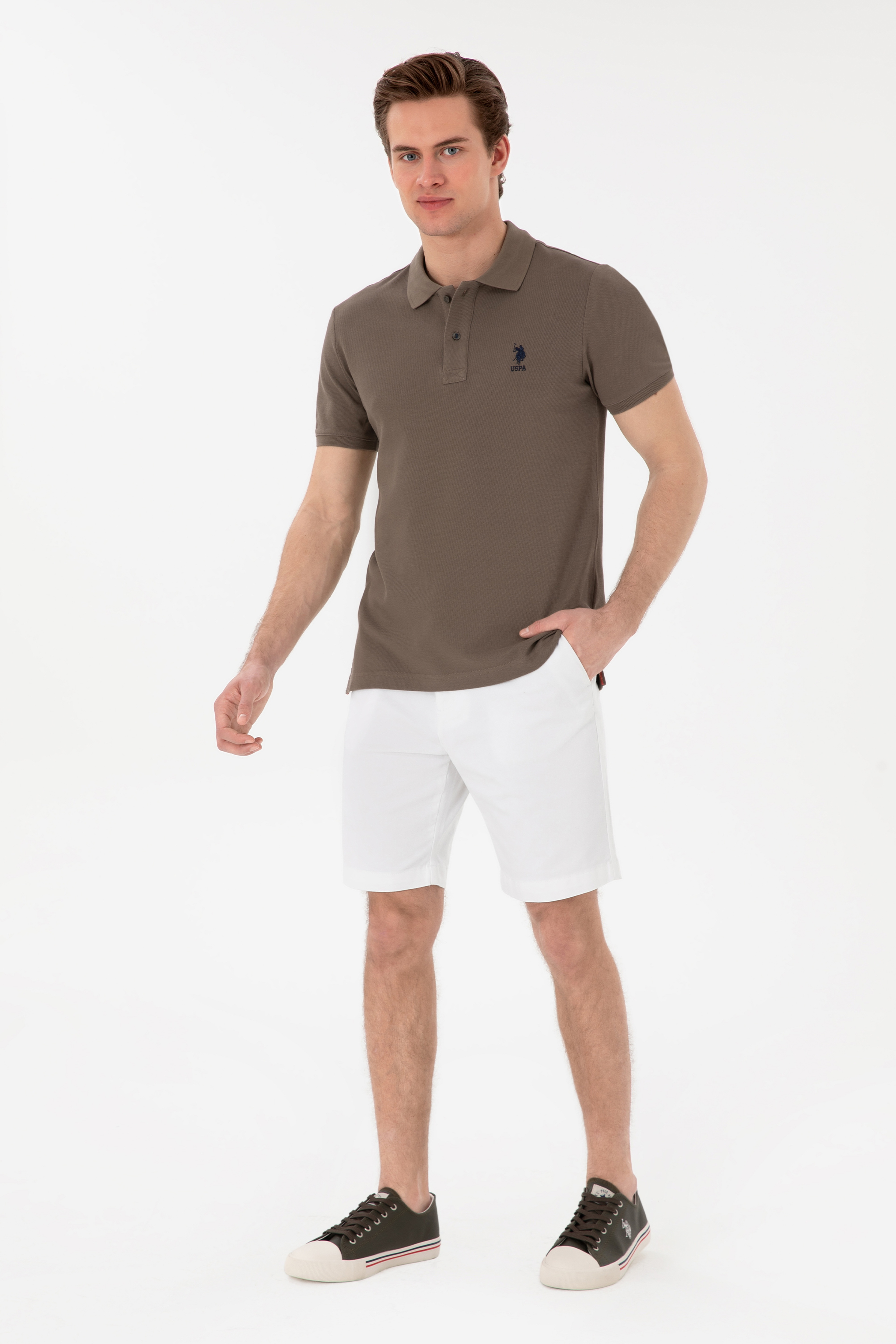 Erkek Slim Fit Polo Yaka Vizon Basic Tişört - Image 4