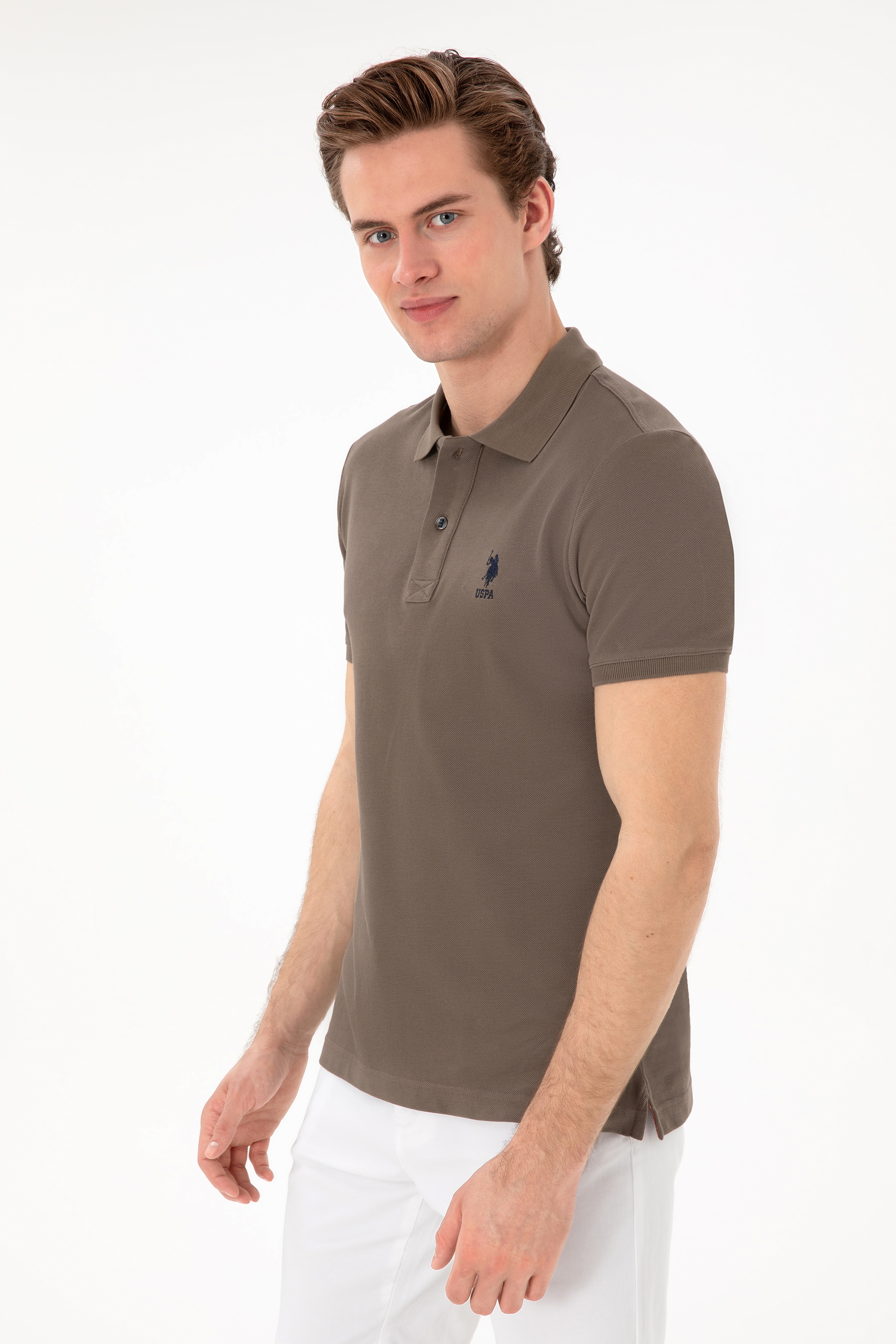Erkek Slim Fit Polo Yaka Vizon Basic Tişört - Image 1