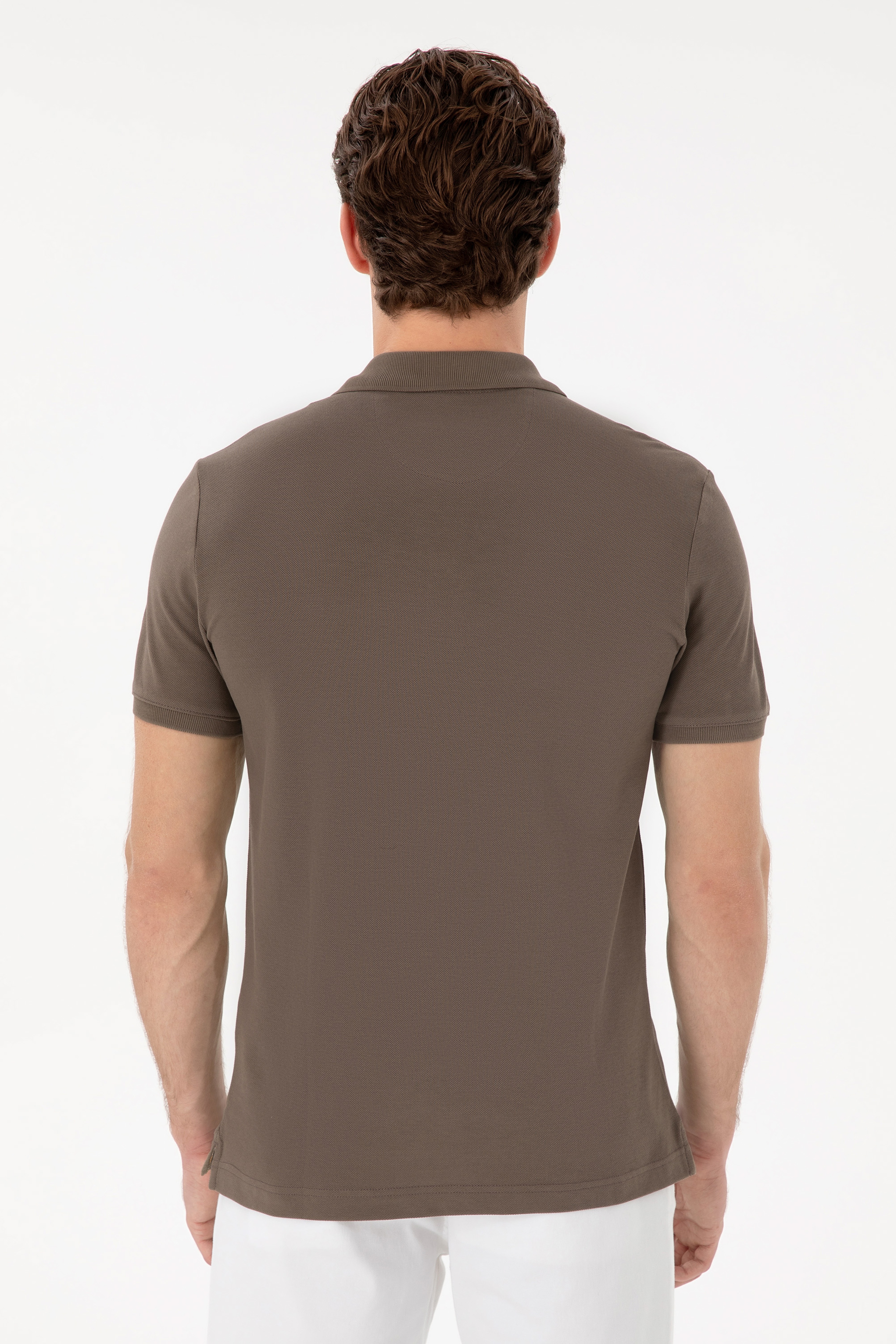 Erkek Slim Fit Polo Yaka Vizon Basic Tişört - Image 5
