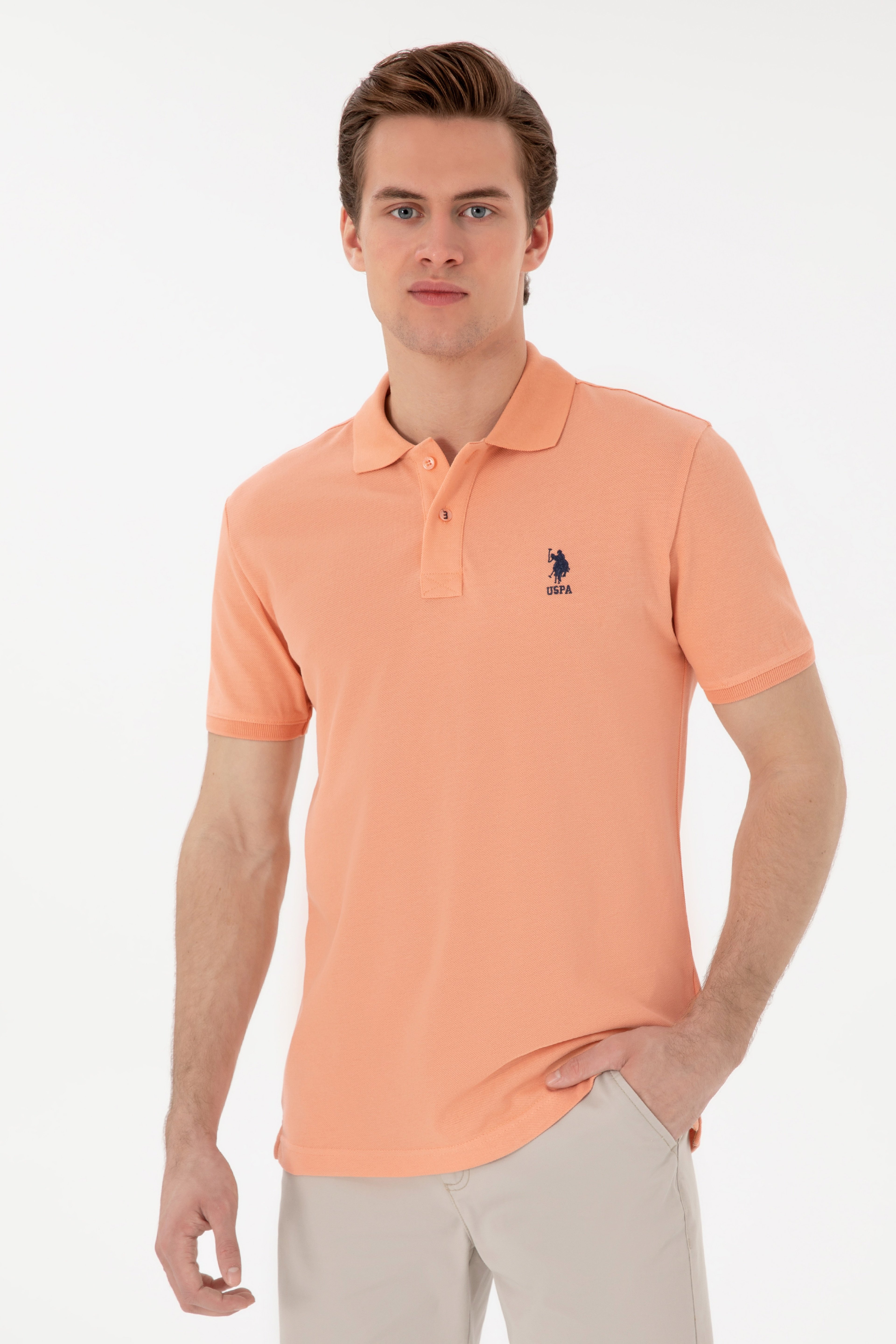 Erkek Slim Fit Polo Yaka Somon Basic Tişört - Image 1