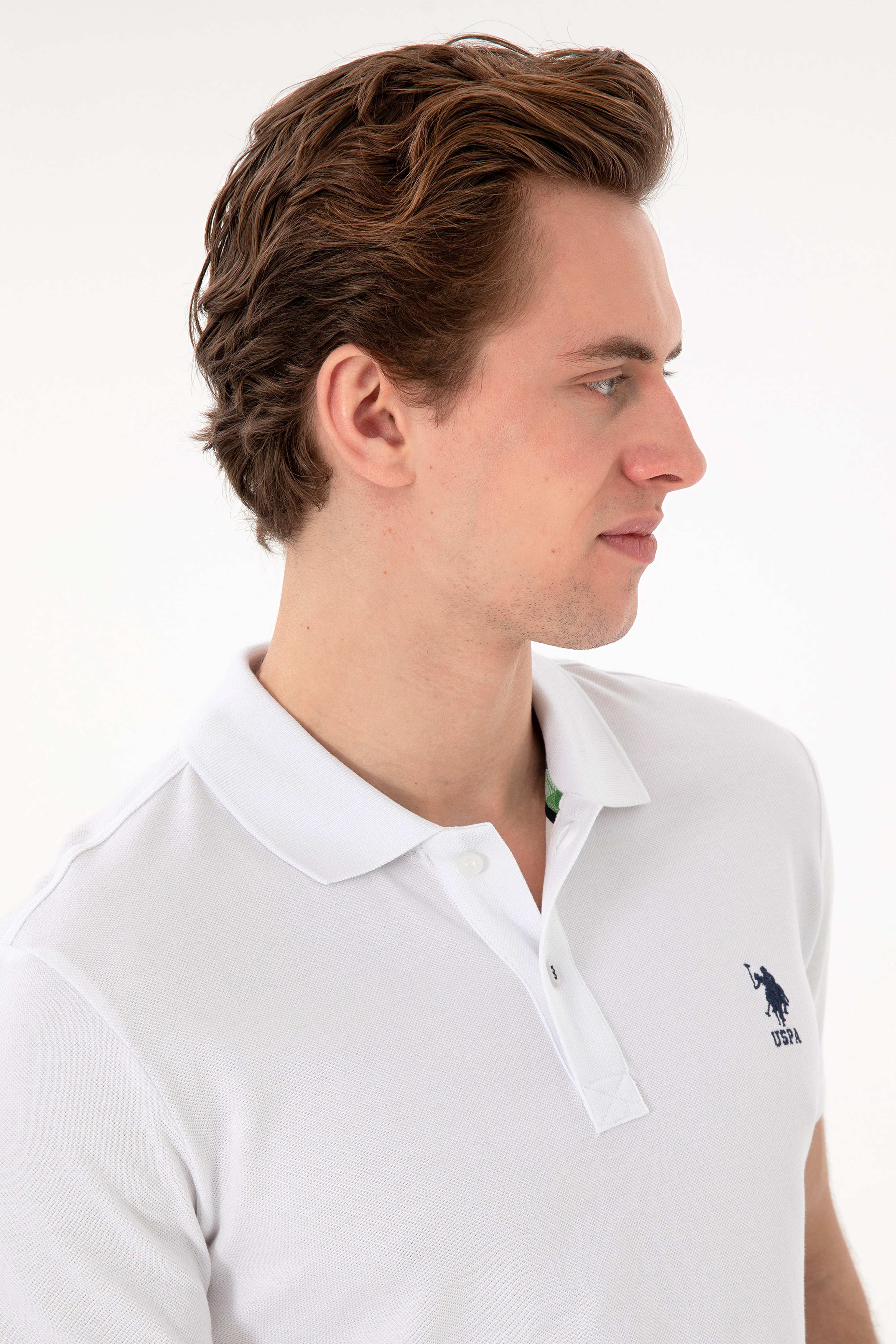 Erkek Slim Fit Polo Yaka Beyaz Basic Tişört - Image 2