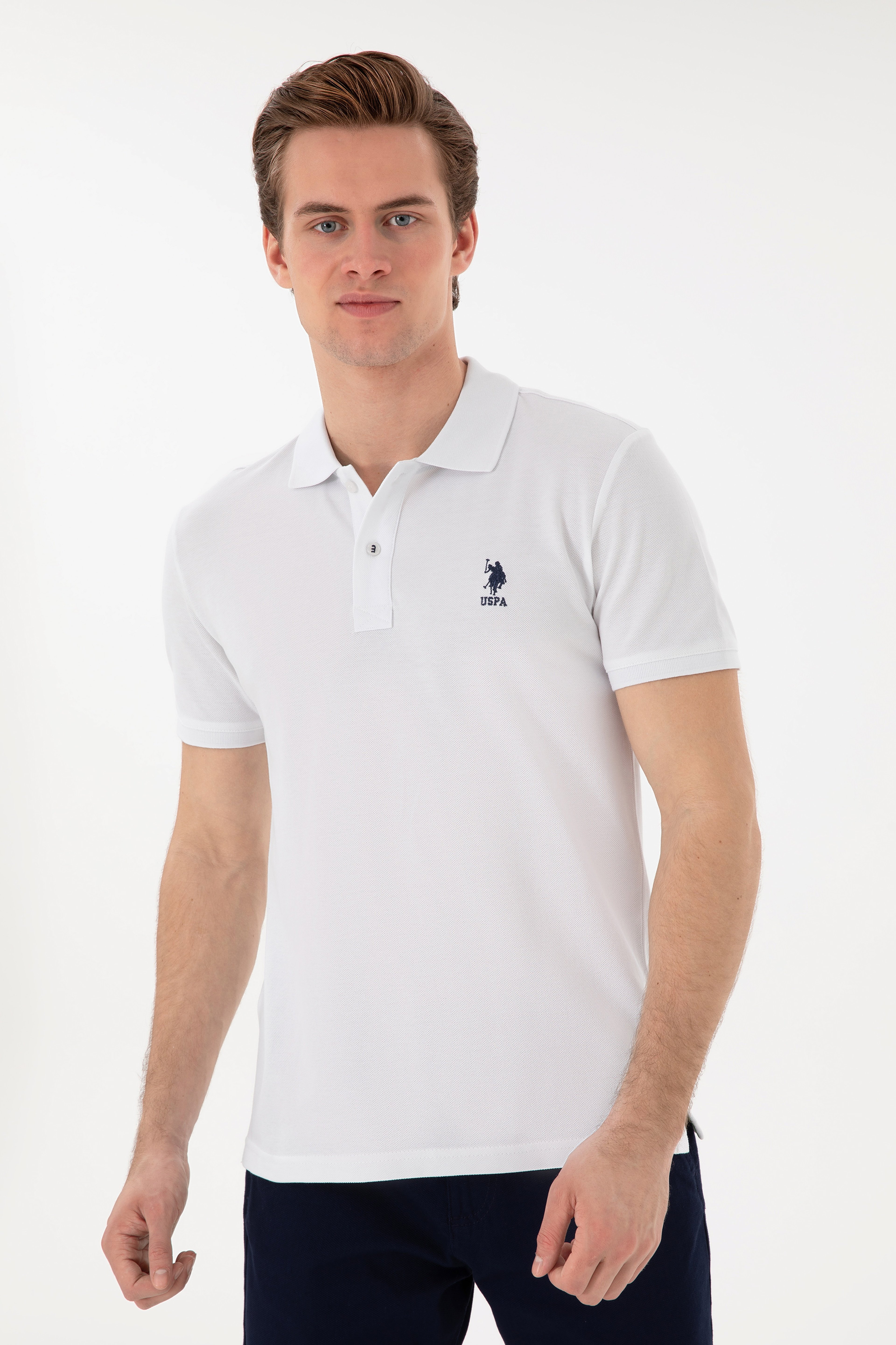 Erkek Slim Fit Polo Yaka Beyaz Basic Tişört - Image 3