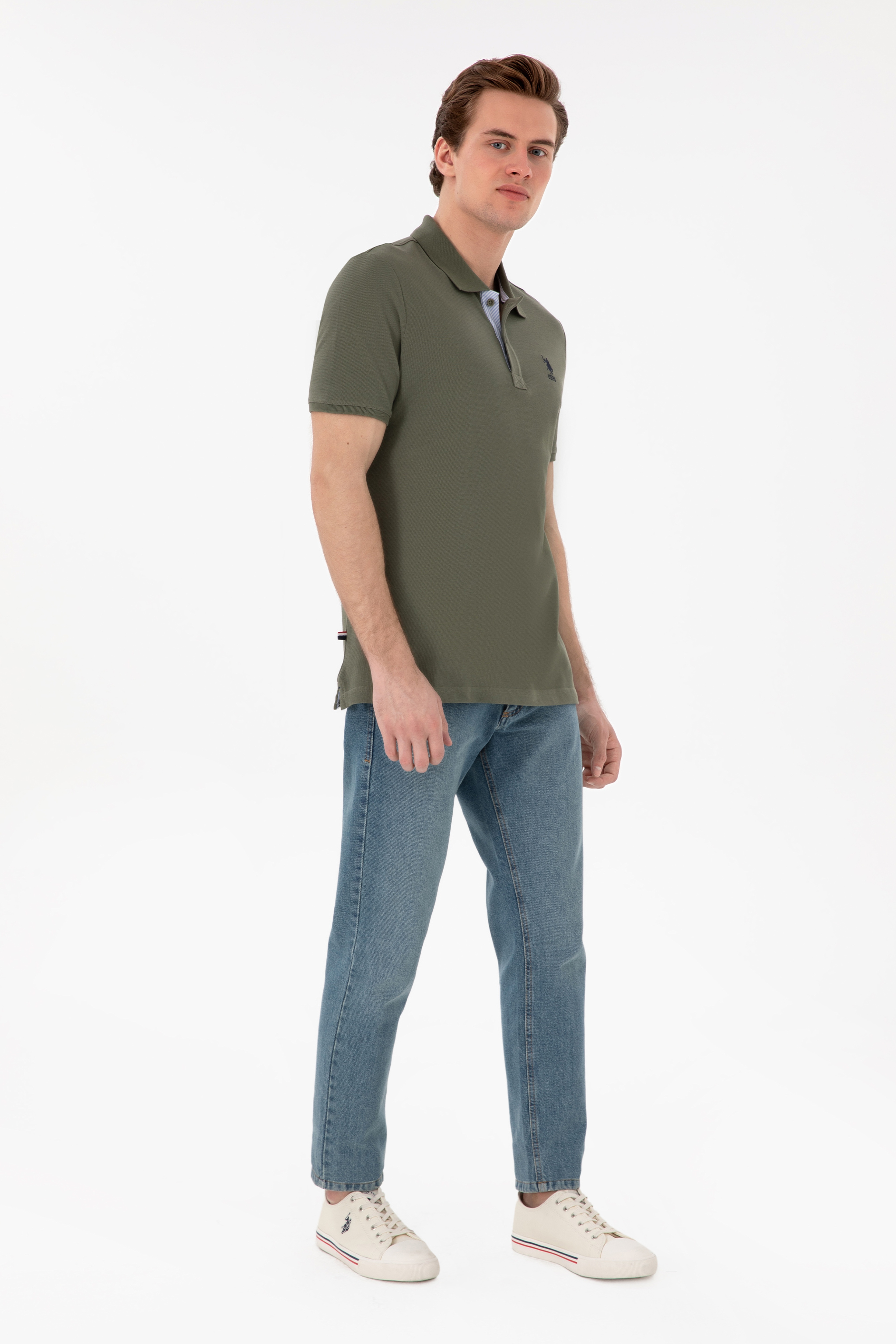 Erkek Regular Fit Polo Yaka Koyu Haki Basic Tişört - Image 4