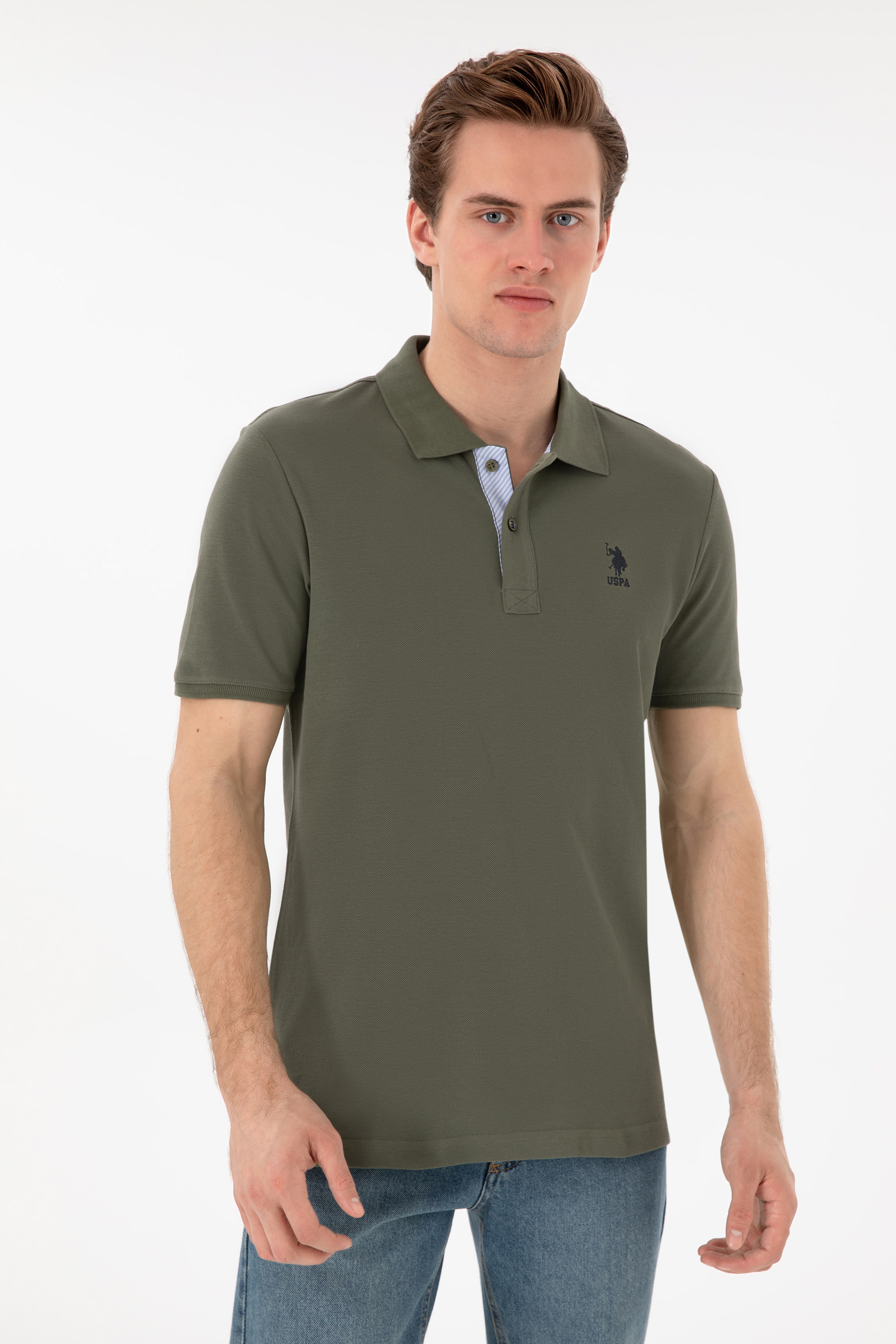 Erkek Regular Fit Polo Yaka Koyu Haki Basic Tişört