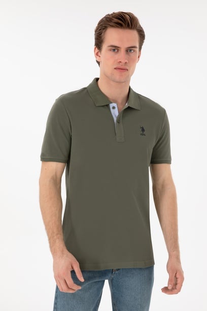 Erkek Regular Fit Polo Yaka Koyu Haki Basic Tişört