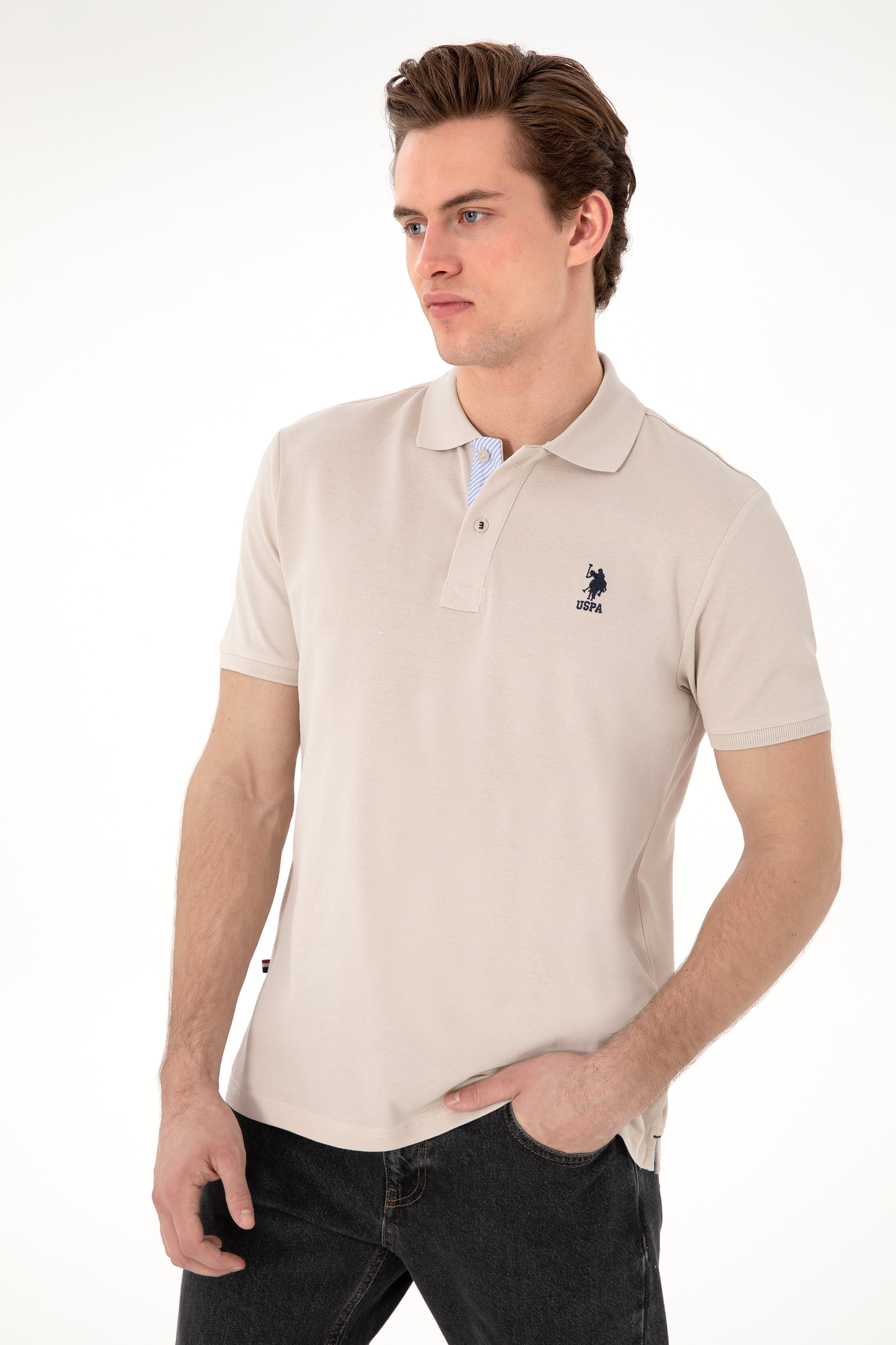 Erkek Regular Fit Polo Yaka Taş Basic Tişört - Image 3
