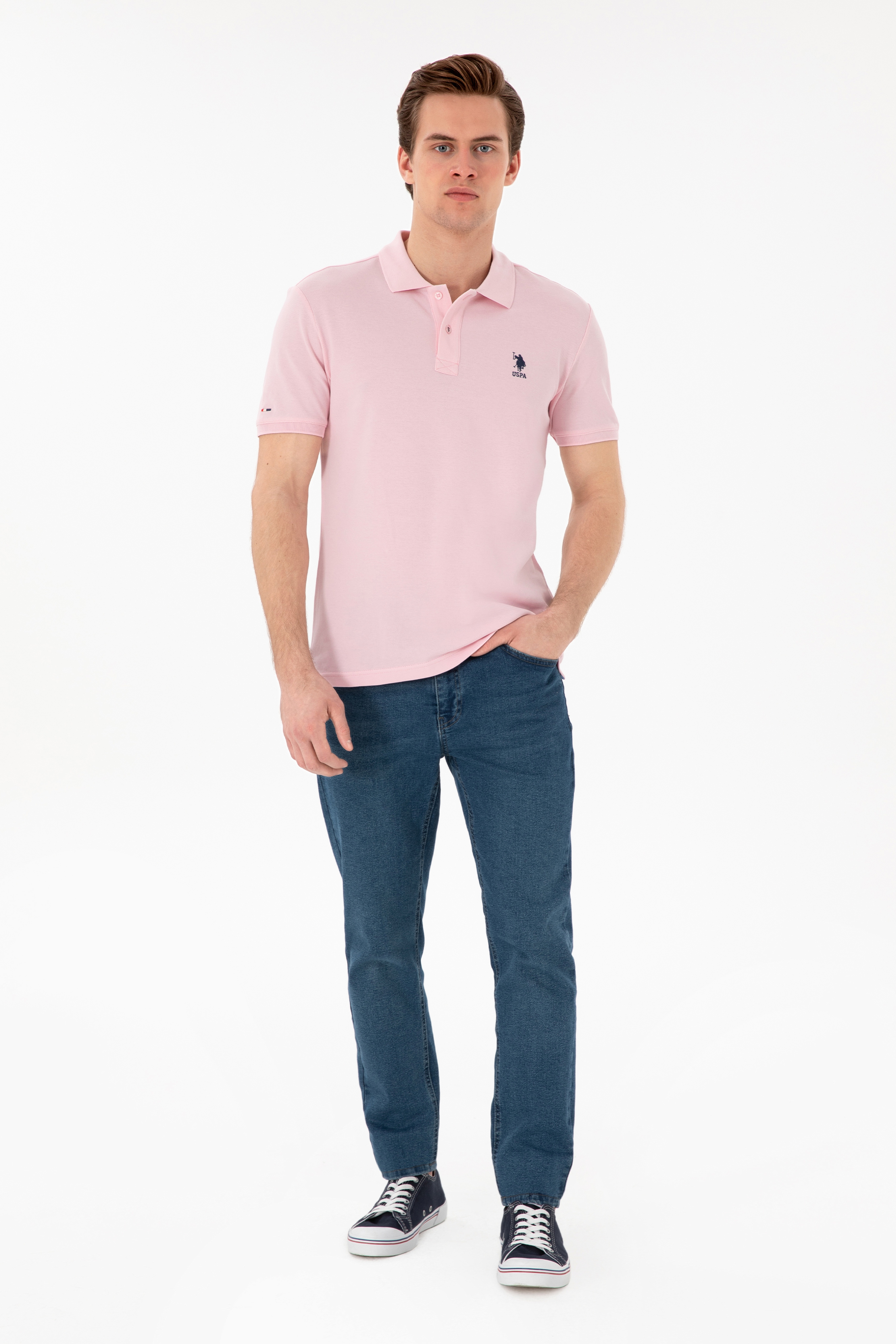 Erkek Slim Fit Polo Yaka Açık Pembe Basic Tişört - Image 4