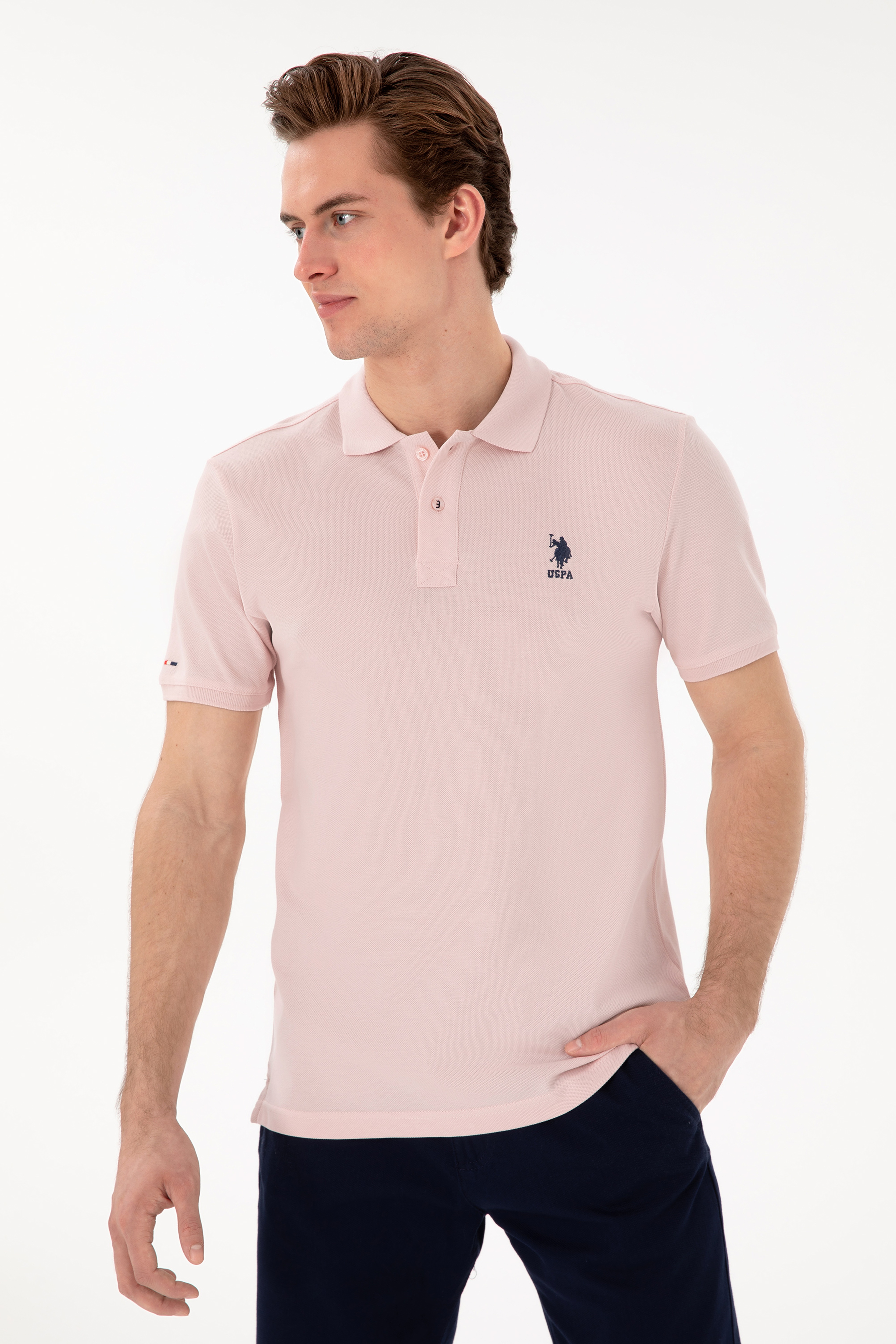 Erkek Slim Fit Polo Yaka Pudra Basic Tişört - Image 3