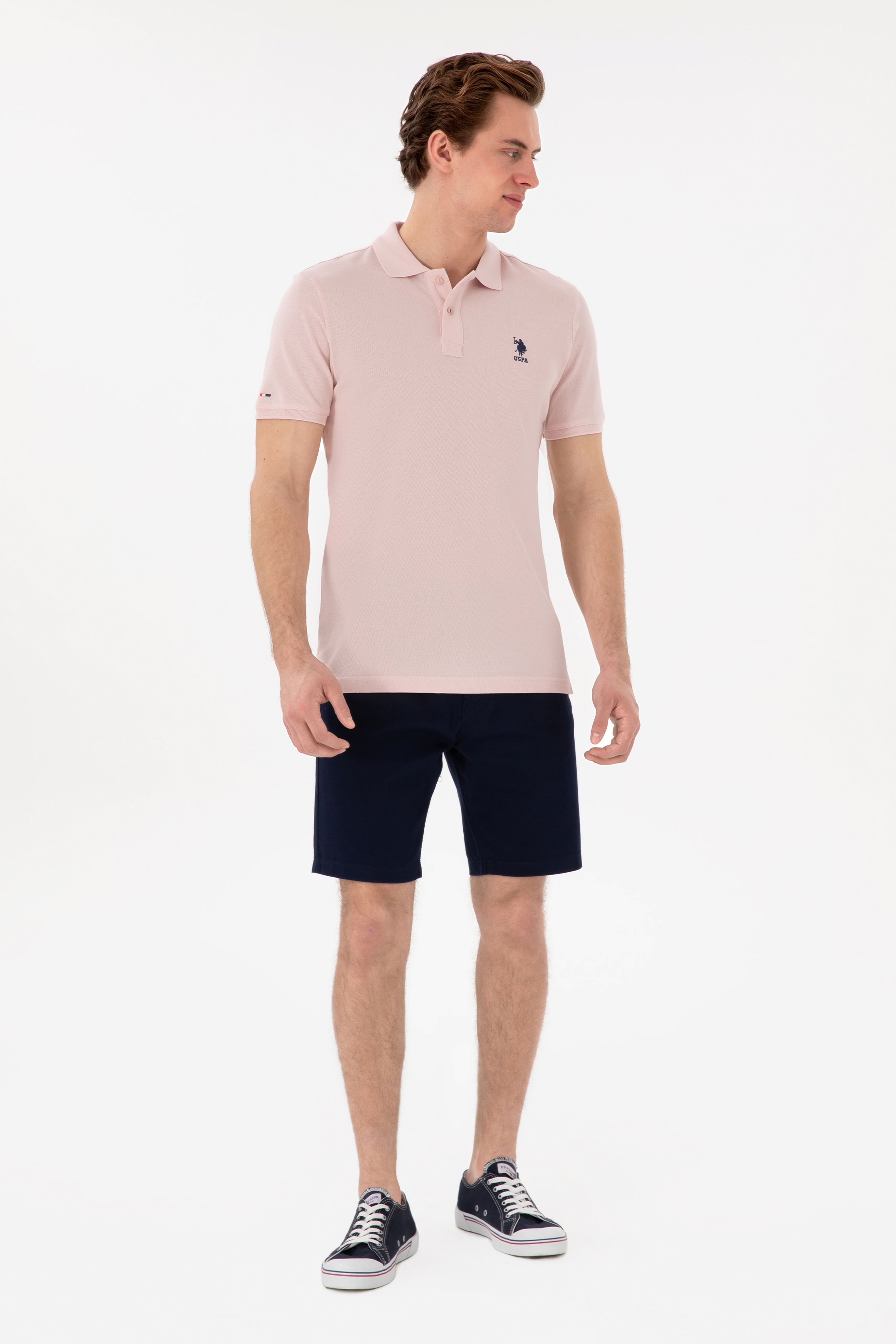 Erkek Slim Fit Polo Yaka Pudra Basic Tişört