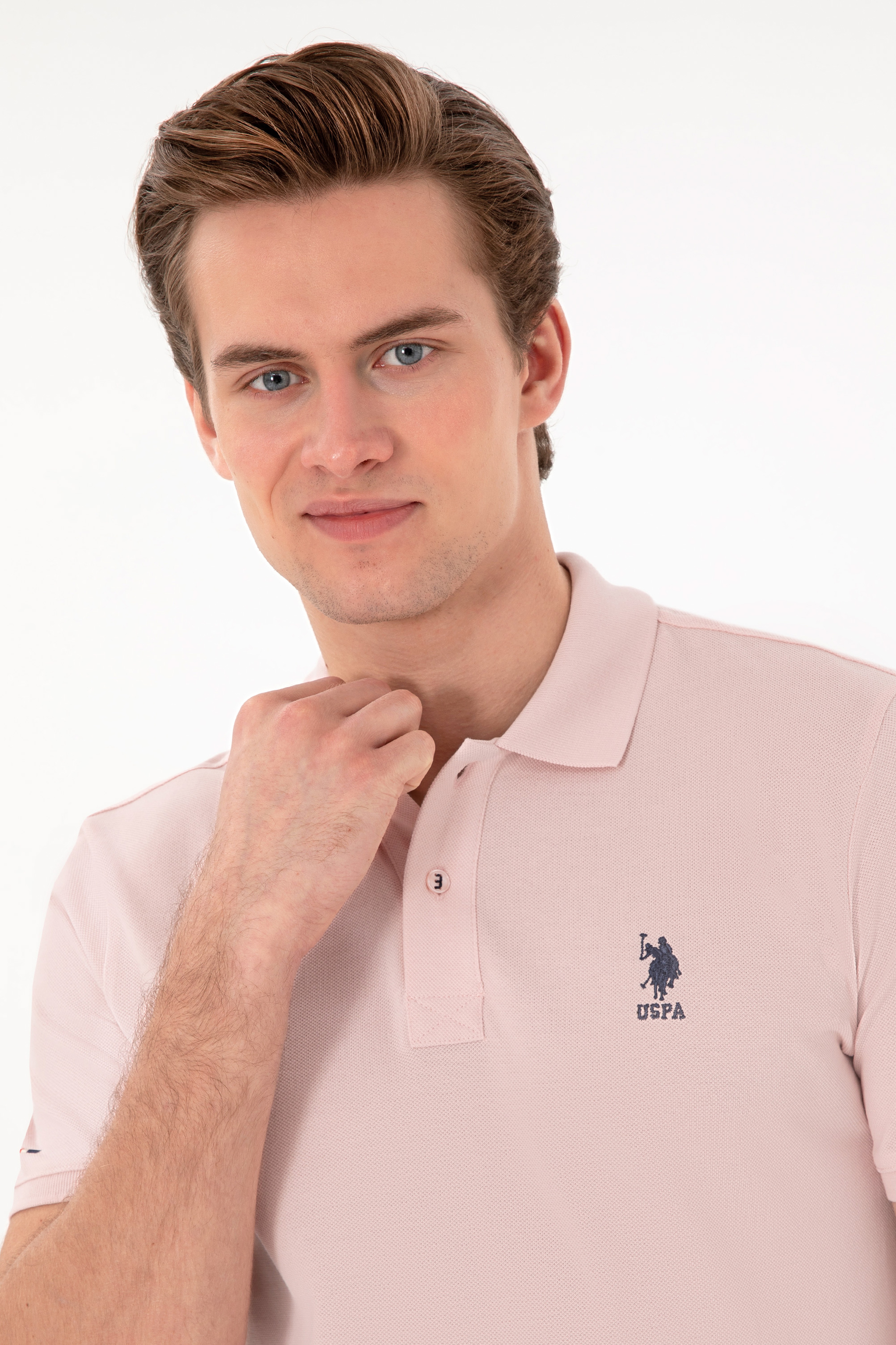 Erkek Slim Fit Polo Yaka Pudra Basic Tişört - Image 2