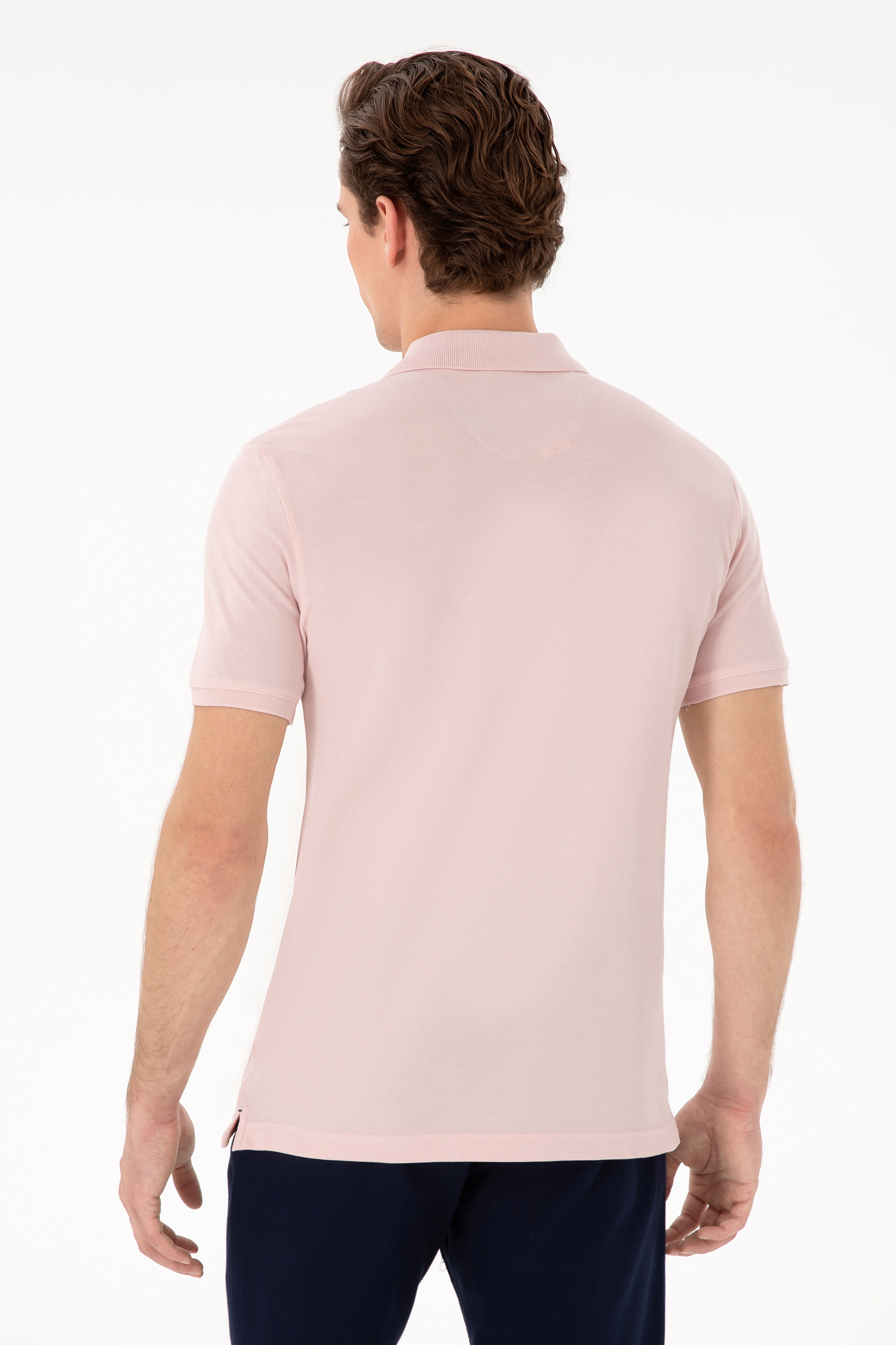 Erkek Slim Fit Polo Yaka Pudra Basic Tişört - Image 5