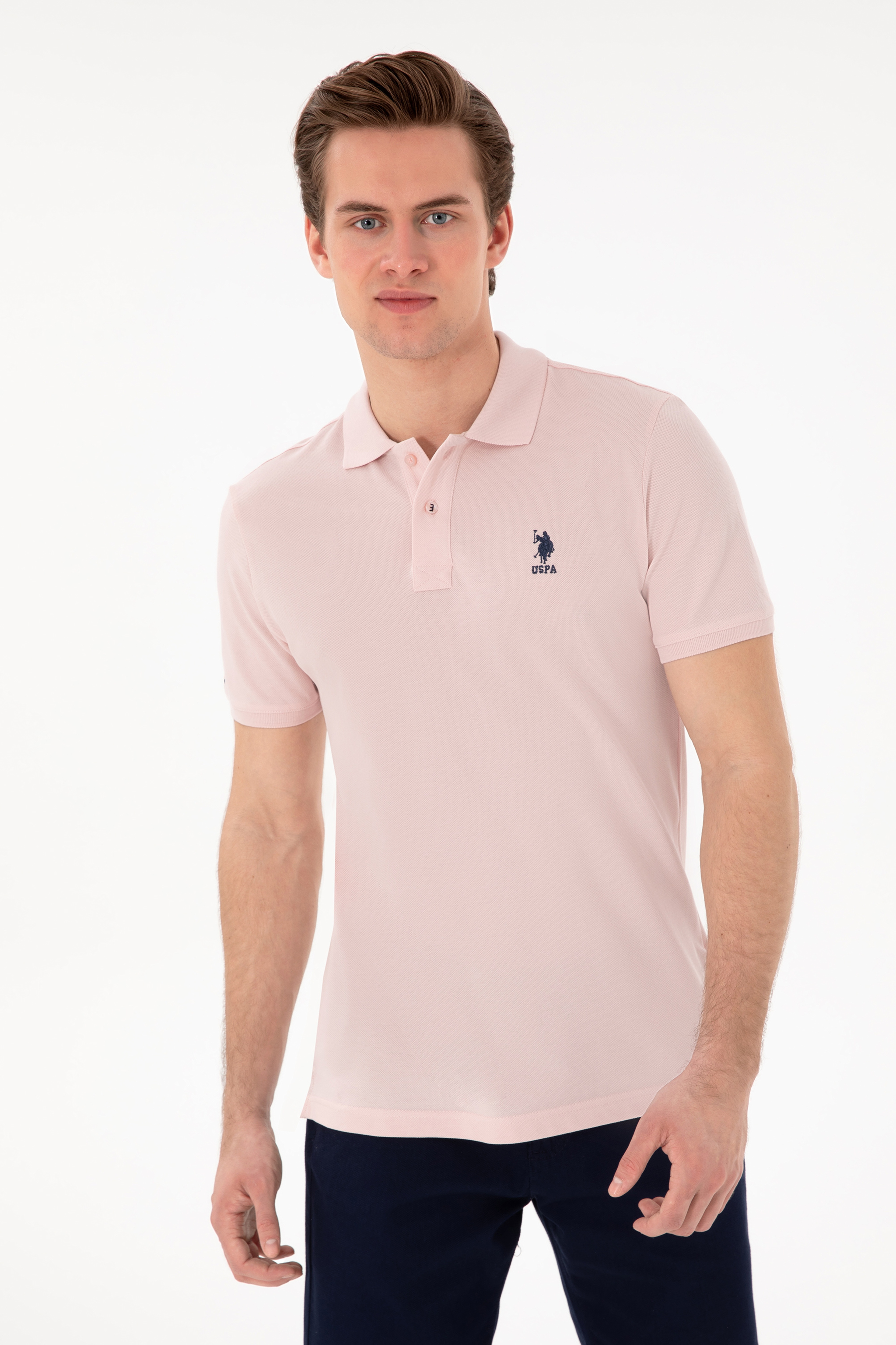 Erkek Slim Fit Polo Yaka Pudra Basic Tişört - Image 1