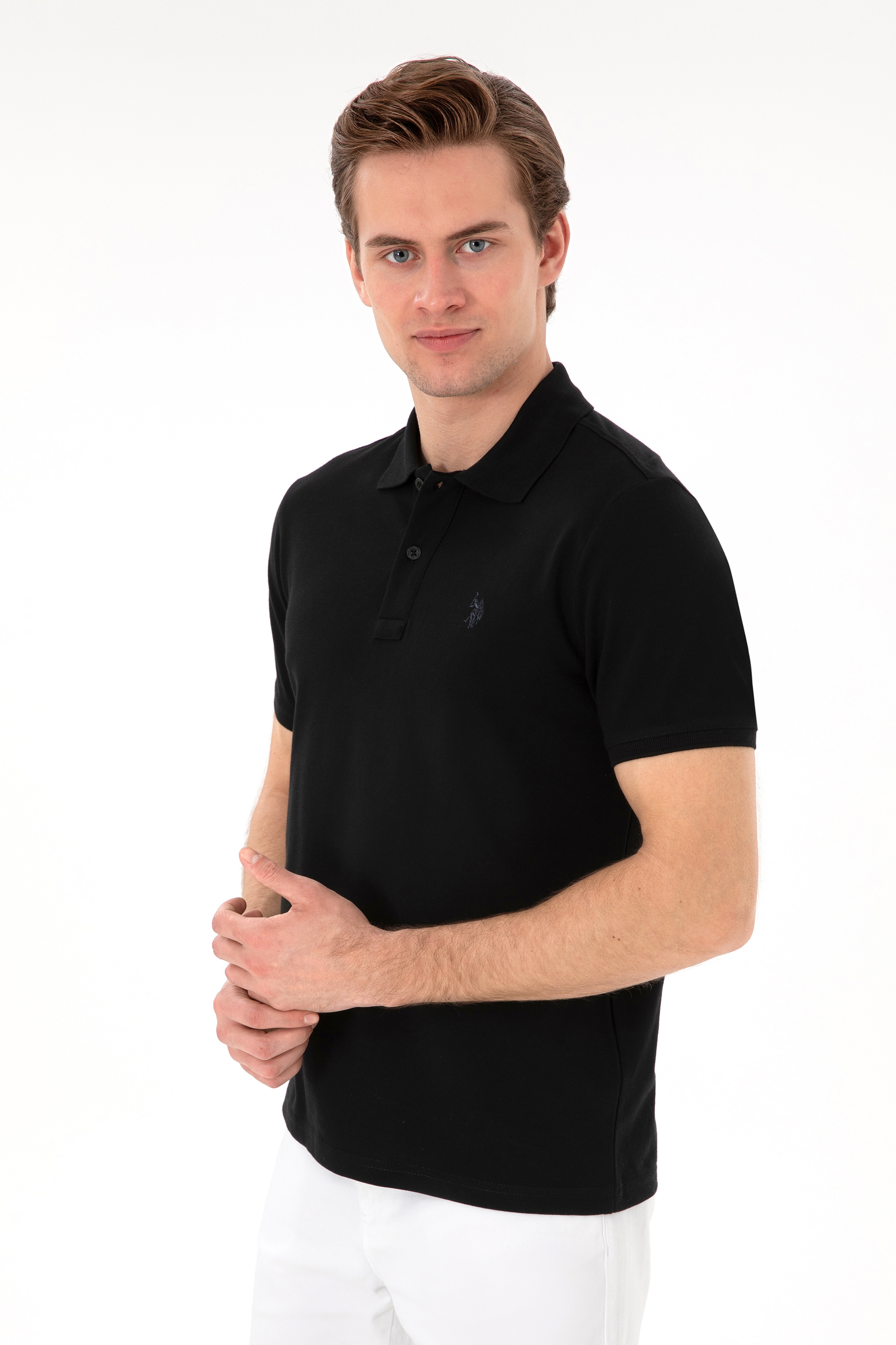 Erkek Slim Fit Polo Yaka Siyah Basic Tişört