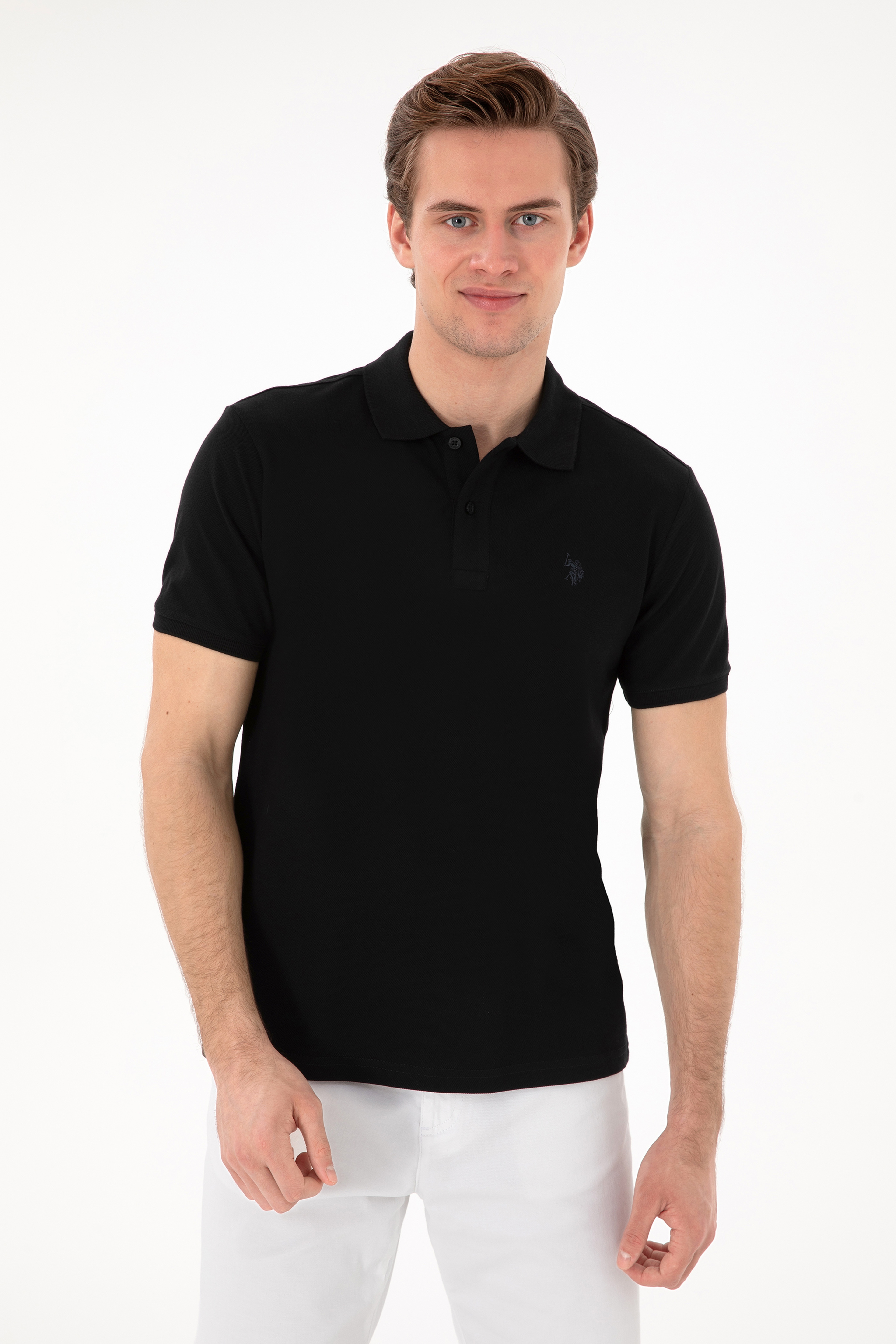 Erkek Slim Fit Polo Yaka Siyah Basic Tişört