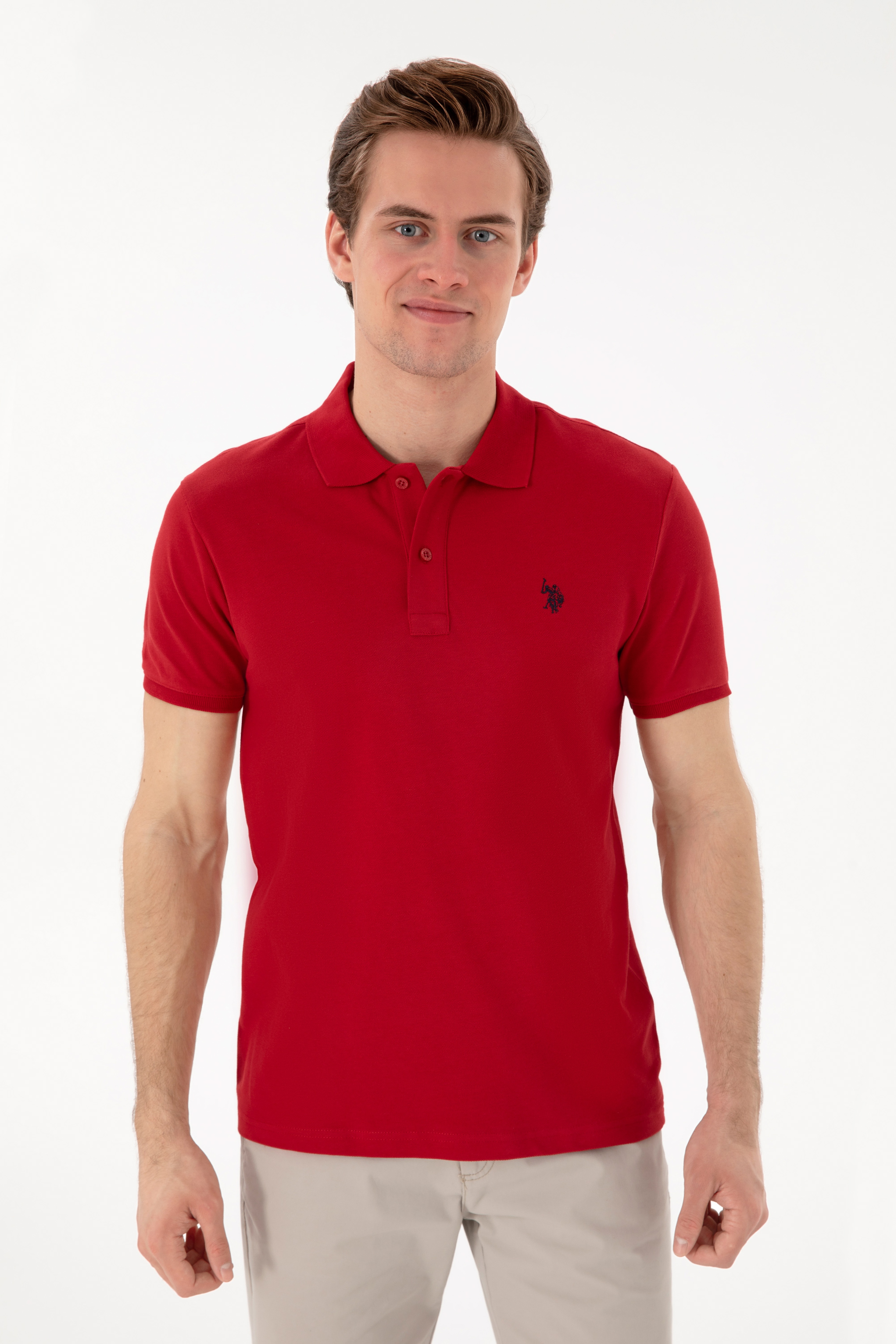 Erkek Slim Fit Polo Yaka Kırmızı Basic Tişört - Image 3