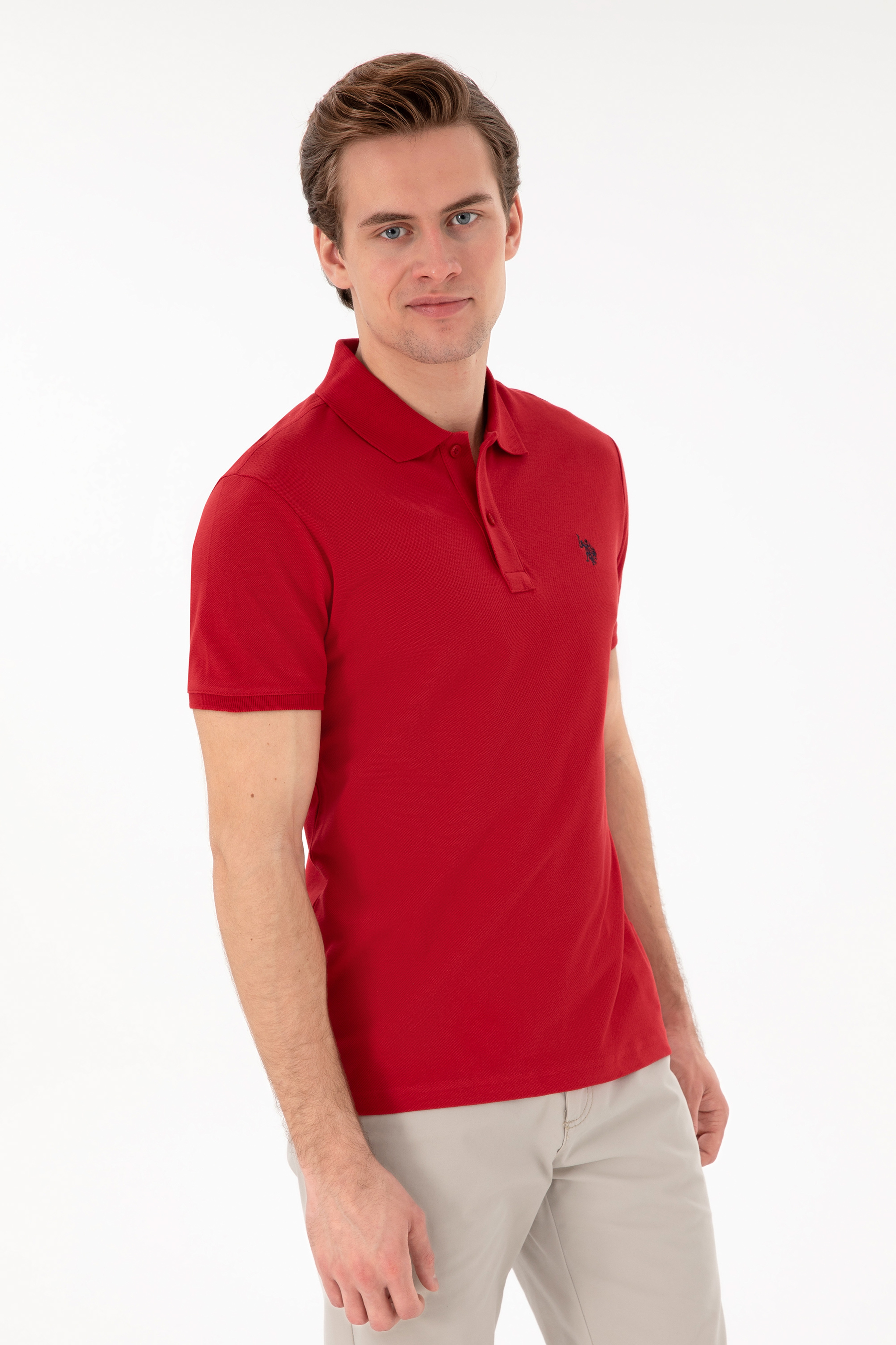 Erkek Slim Fit Polo Yaka Kırmızı Basic Tişört - Image 1