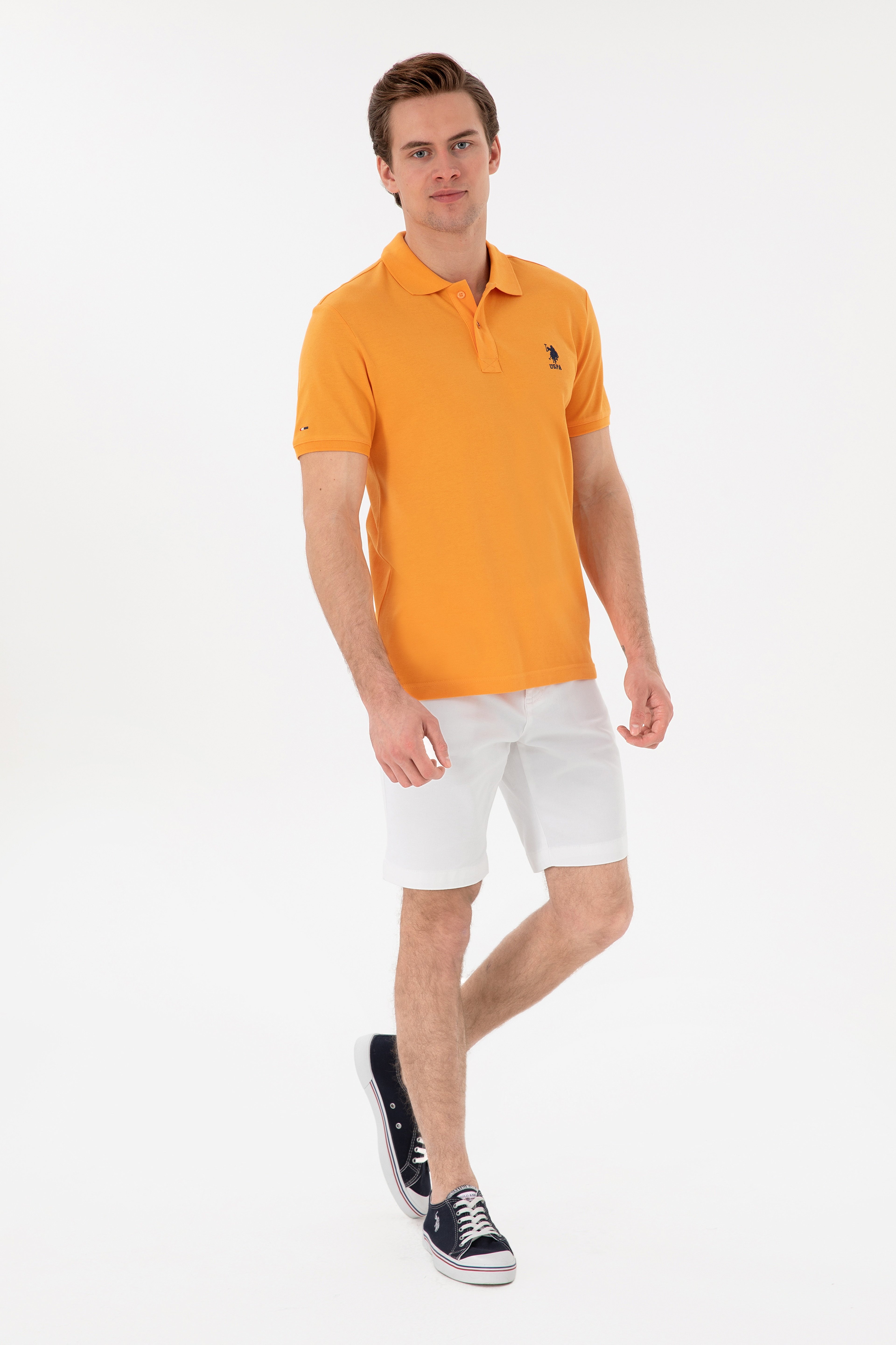 Erkek Slim Fit Polo Yaka Turuncu Basic Tişört - Image 4