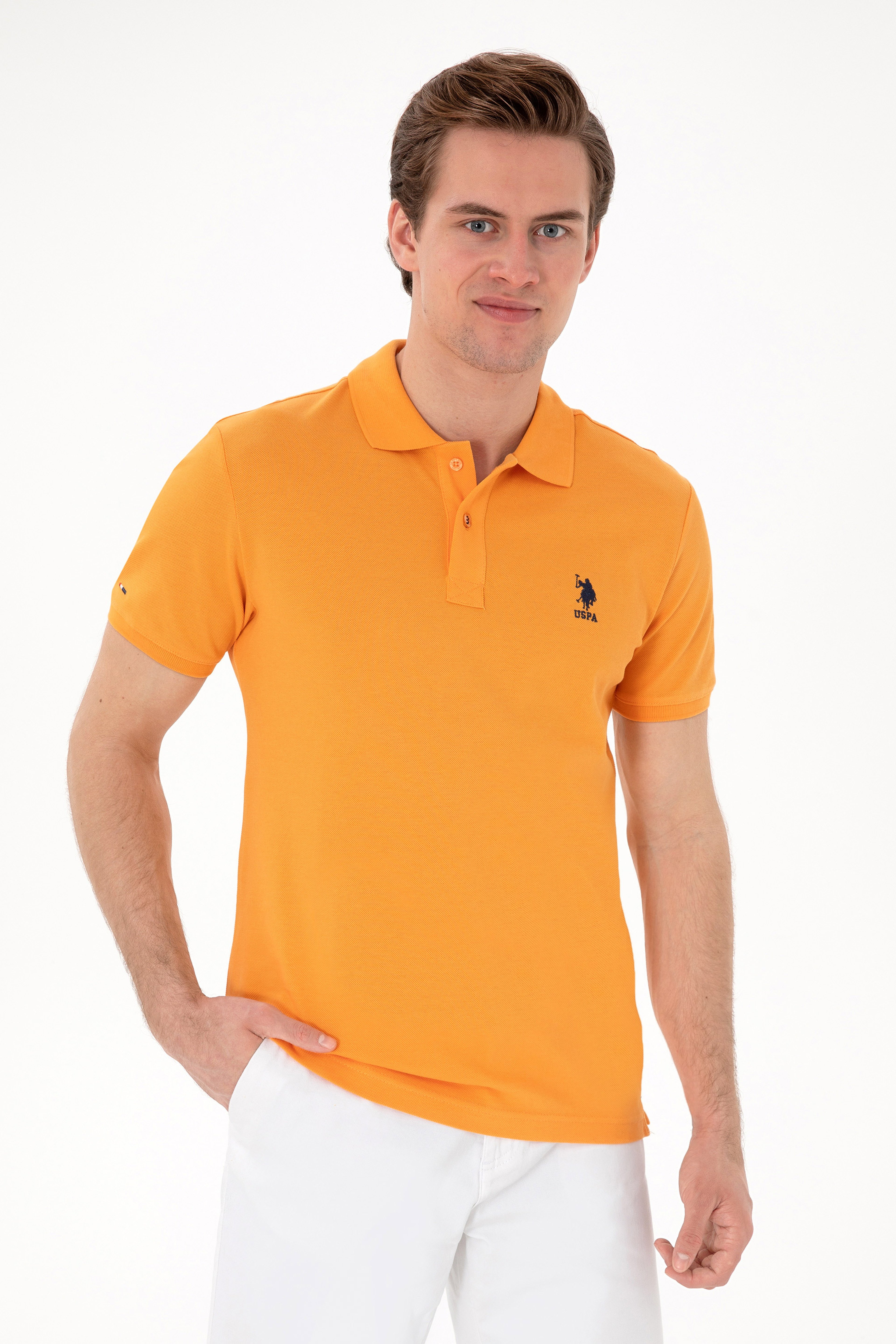 Erkek Slim Fit Polo Yaka Turuncu Basic Tişört - Image 1