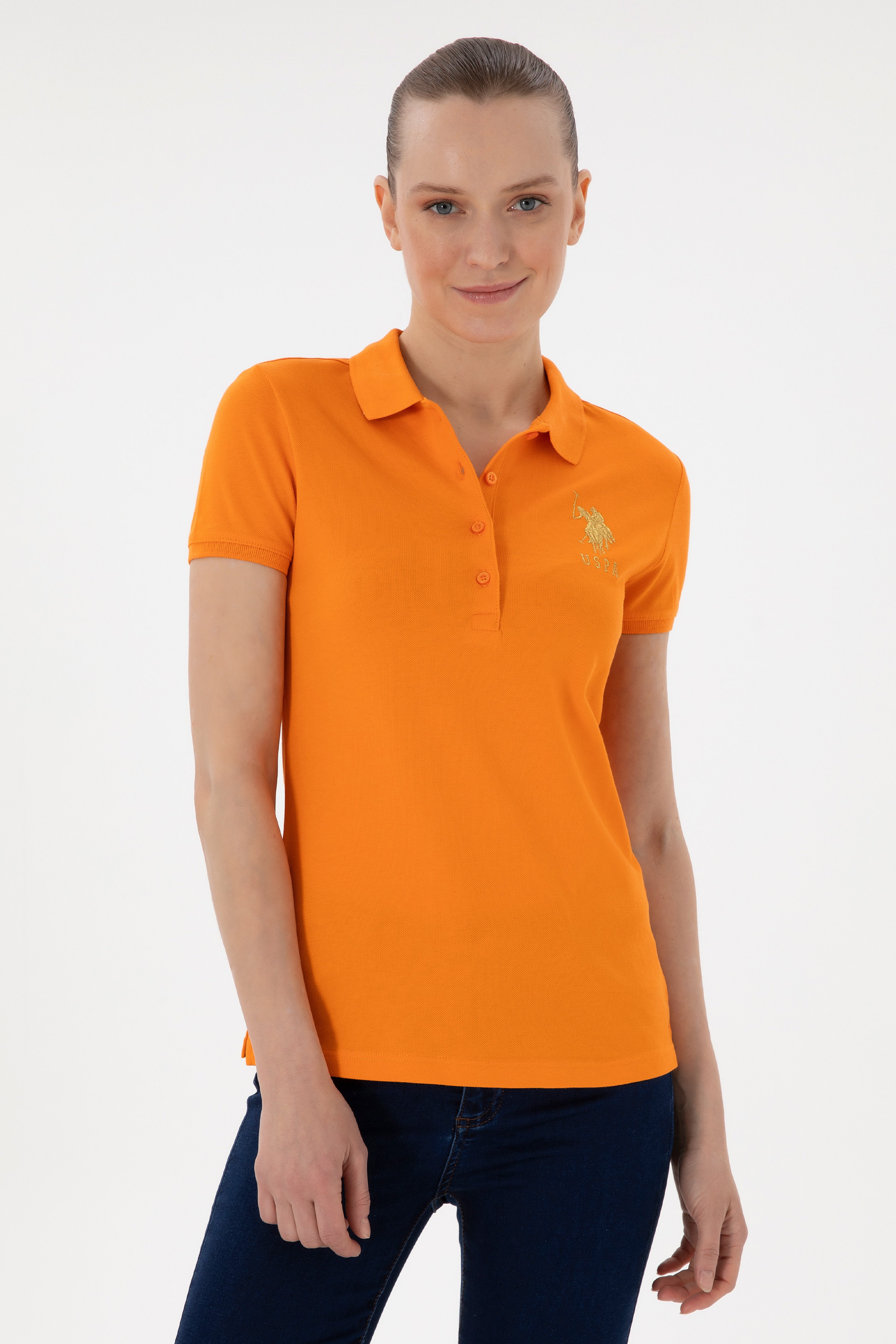 Kadın Turuncu Basic Polo Yaka Tişört - Image 1