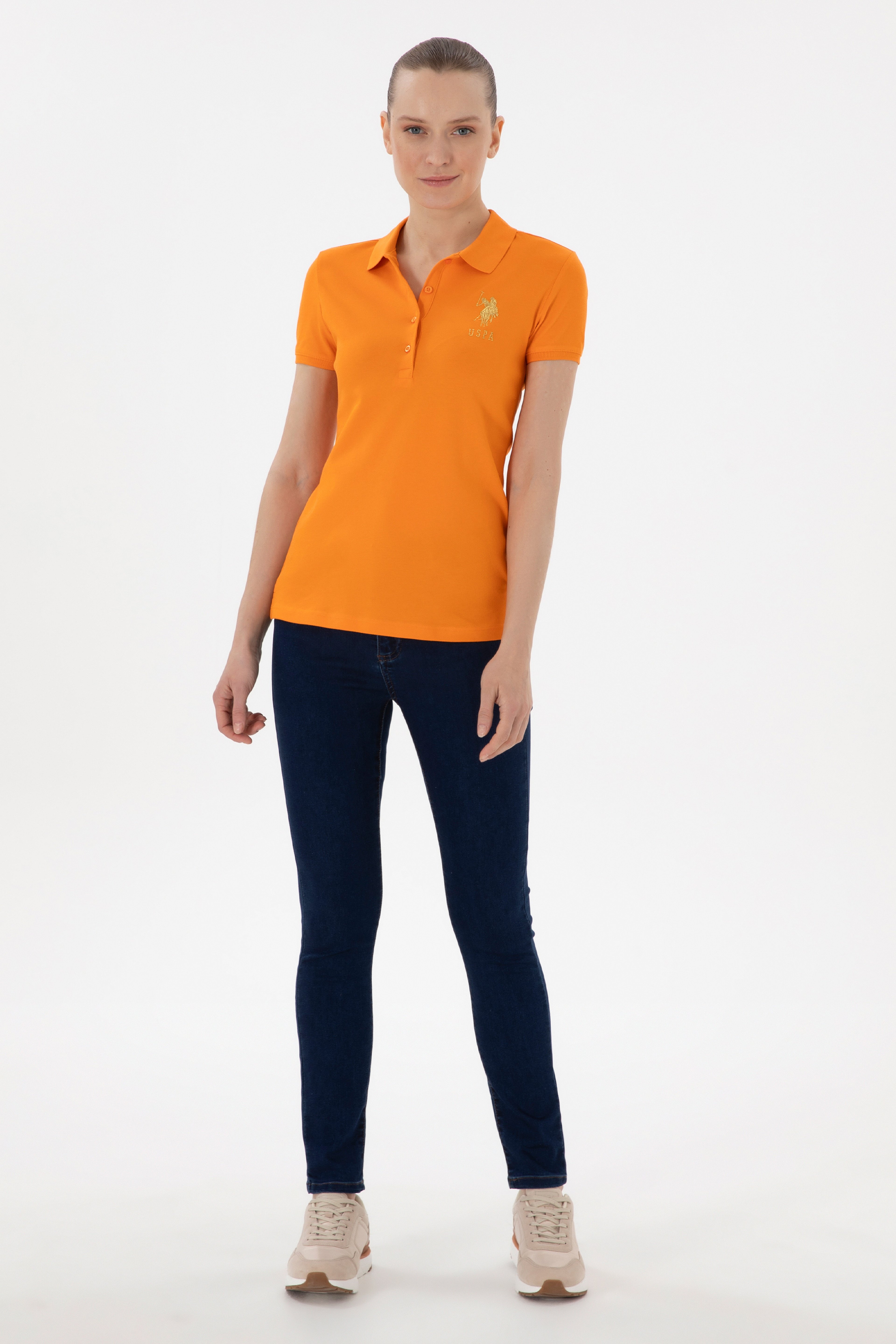 Kadın Turuncu Basic Polo Yaka Tişört - Image 4