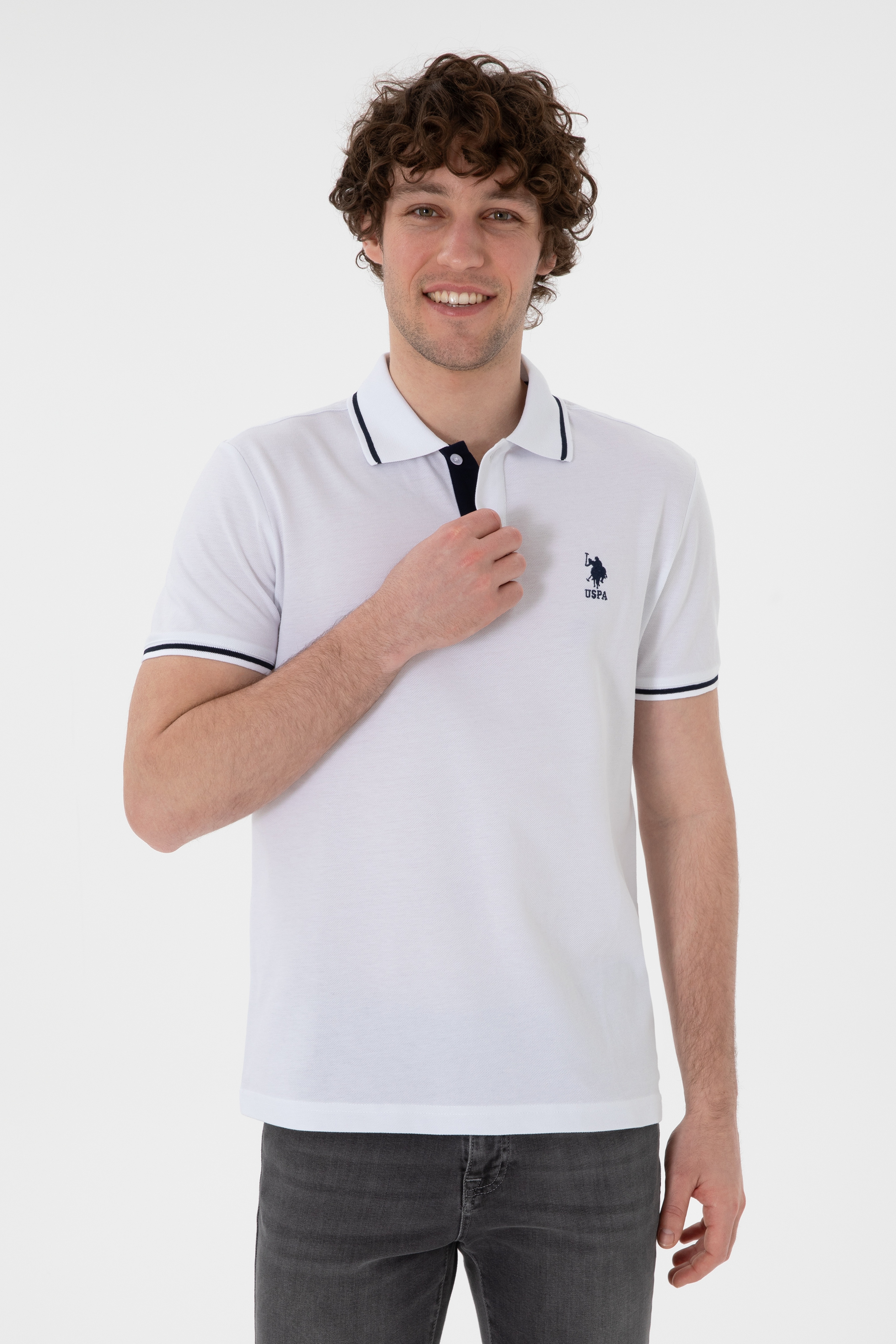 Erkek Slim Fit Polo Yaka Beyaz Basic Tişört - Image 2