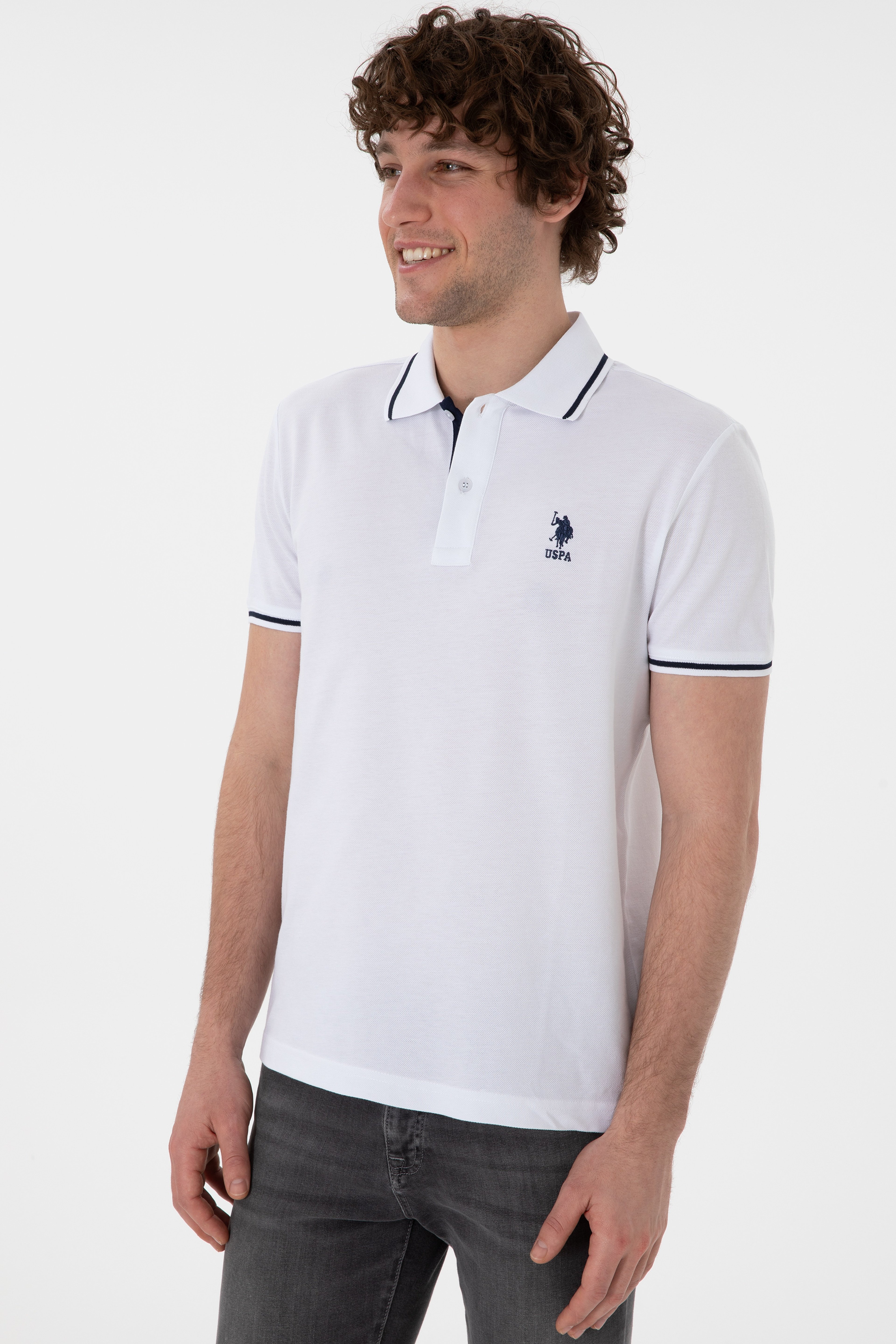 Erkek Slim Fit Polo Yaka Beyaz Basic Tişört