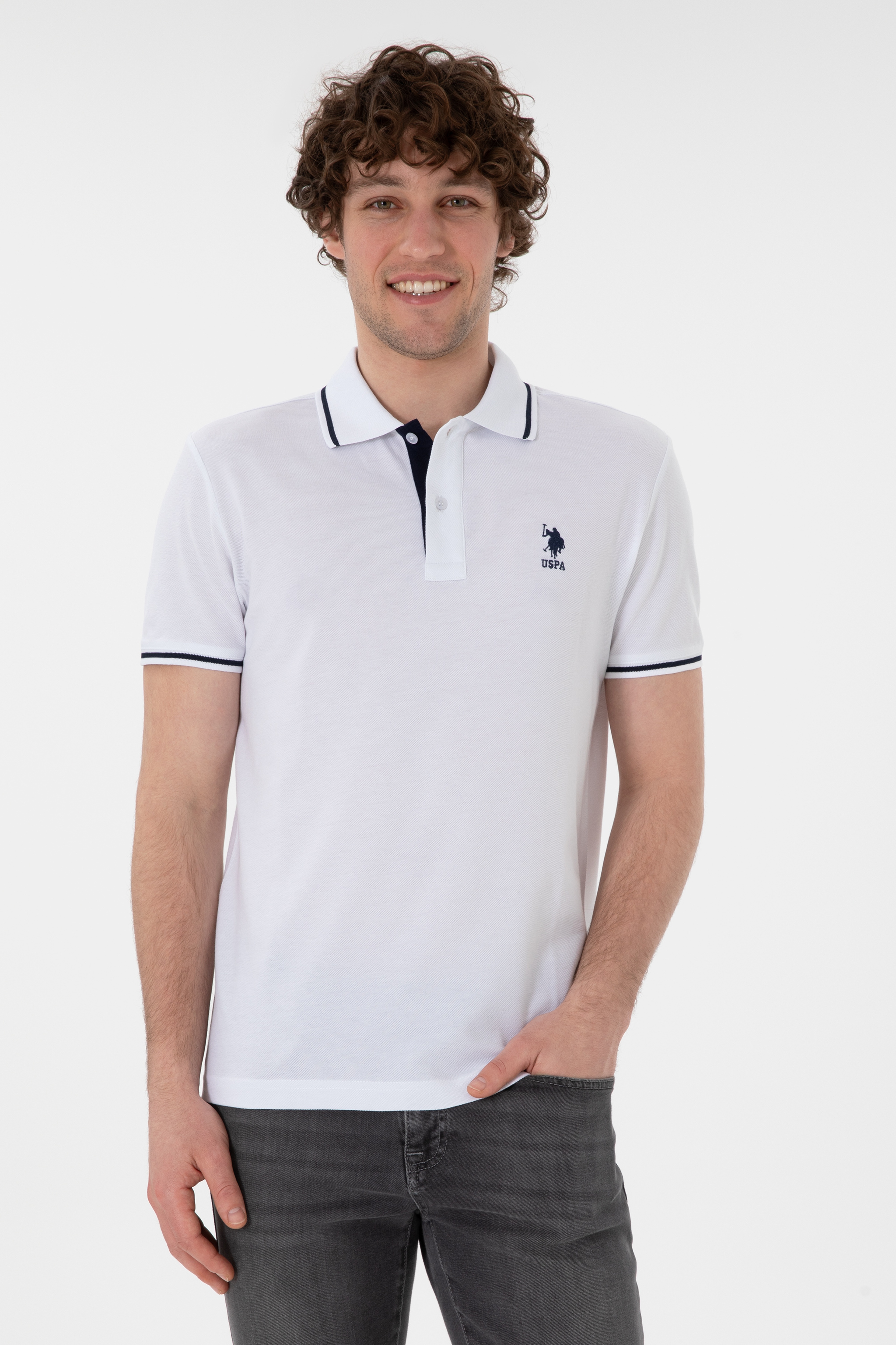 Erkek Slim Fit Polo Yaka Beyaz Basic Tişört - Image 1
