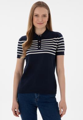 Kadın Lacivert Polo Yaka Çizgili Triko Tişört - 50306479004