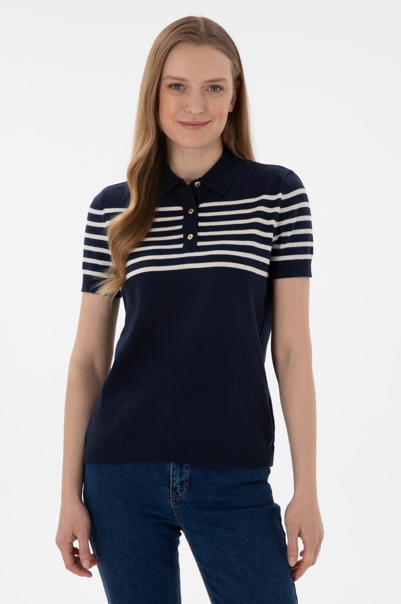 Kadın Lacivert Polo Yaka Çizgili Triko Tişört