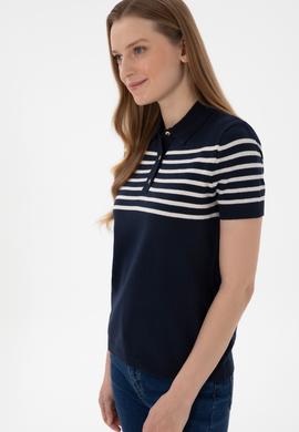 Kadın Lacivert Polo Yaka Çizgili Triko Tişört - 50306479004