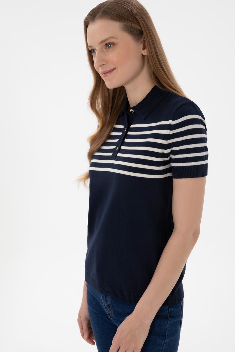 Kadın Lacivert Polo Yaka Çizgili Triko Tişört - 50306479004