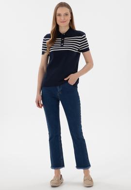 Kadın Lacivert Polo Yaka Çizgili Triko Tişört - 50306479004