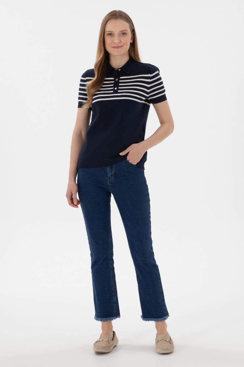 Kadın Lacivert Polo Yaka Çizgili Triko Tişört - 50306479004
