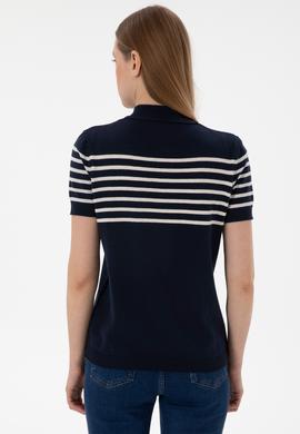 Kadın Lacivert Polo Yaka Çizgili Triko Tişört - 50306479004