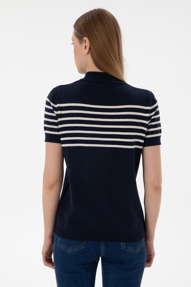 Kadın Lacivert Polo Yaka Çizgili Triko Tişört - 50306479004