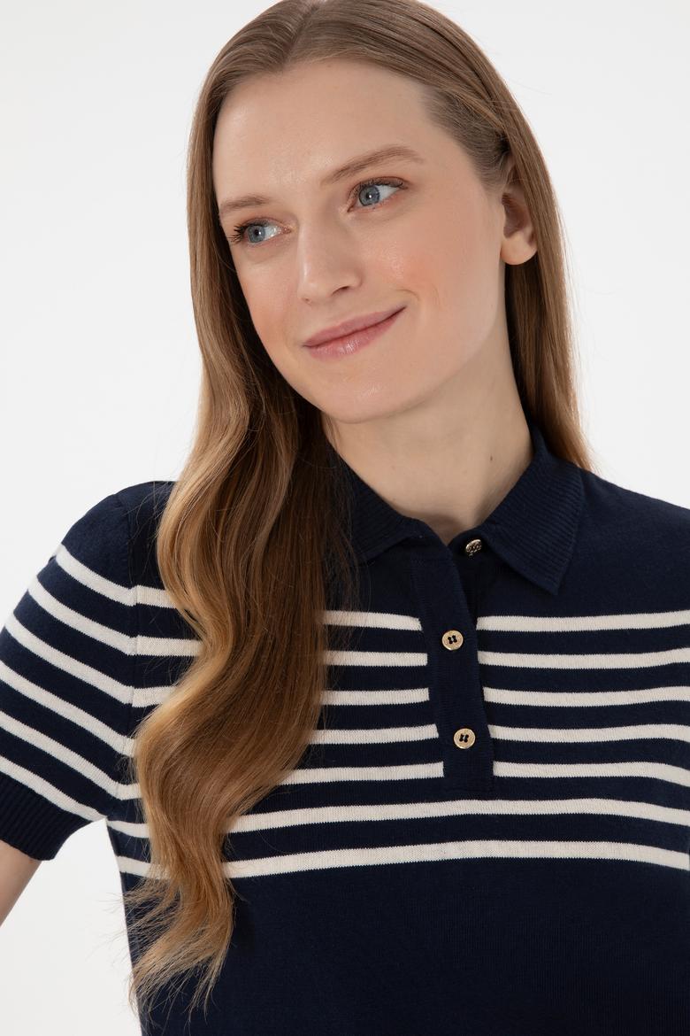 Kadın Lacivert Polo Yaka Çizgili Triko Tişört - 50306479004
