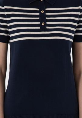 Kadın Lacivert Polo Yaka Çizgili Triko Tişört - 50306479004