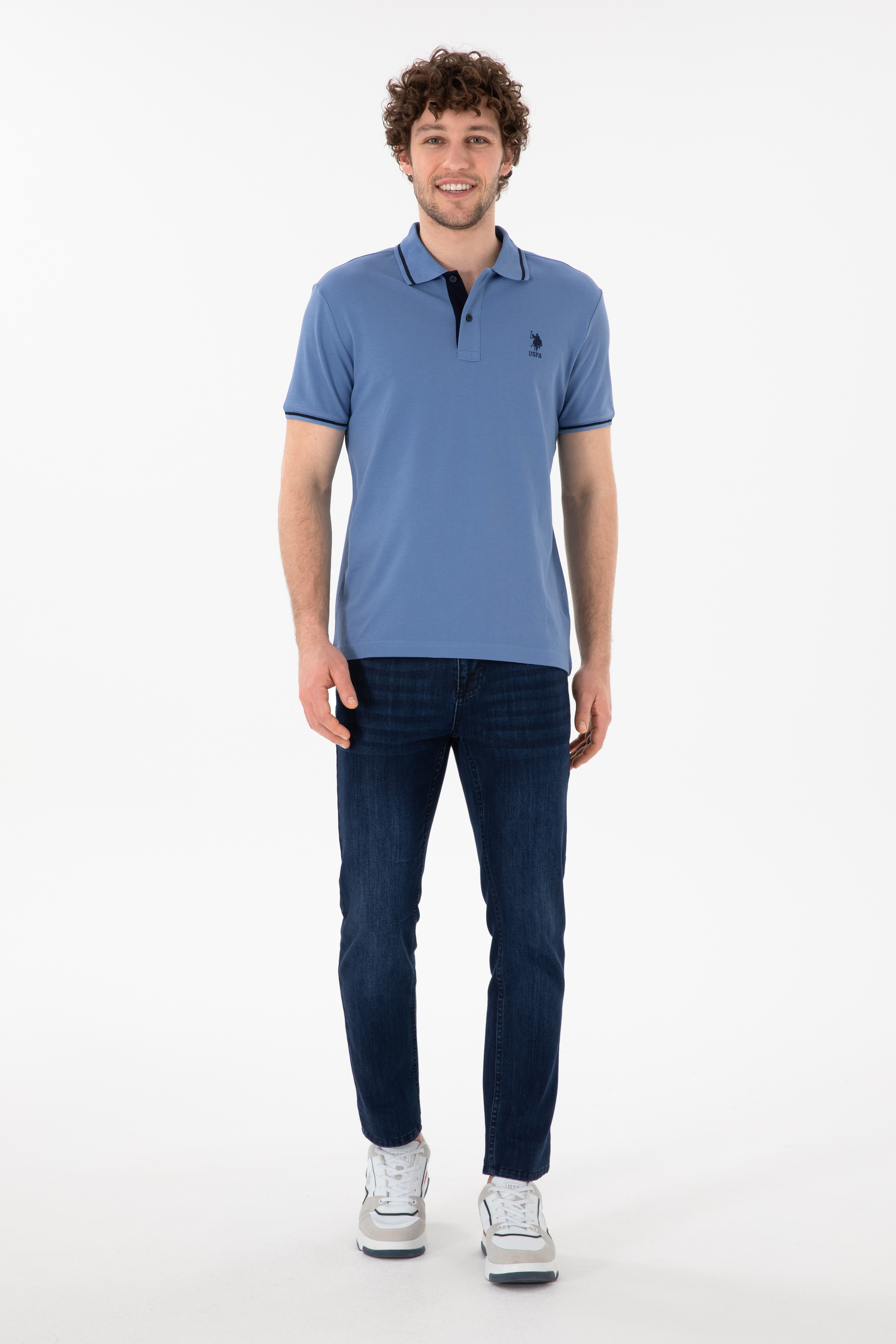 Erkek Slim Fit Polo Yaka Koyu Mavi Basic Tişört - Image 5