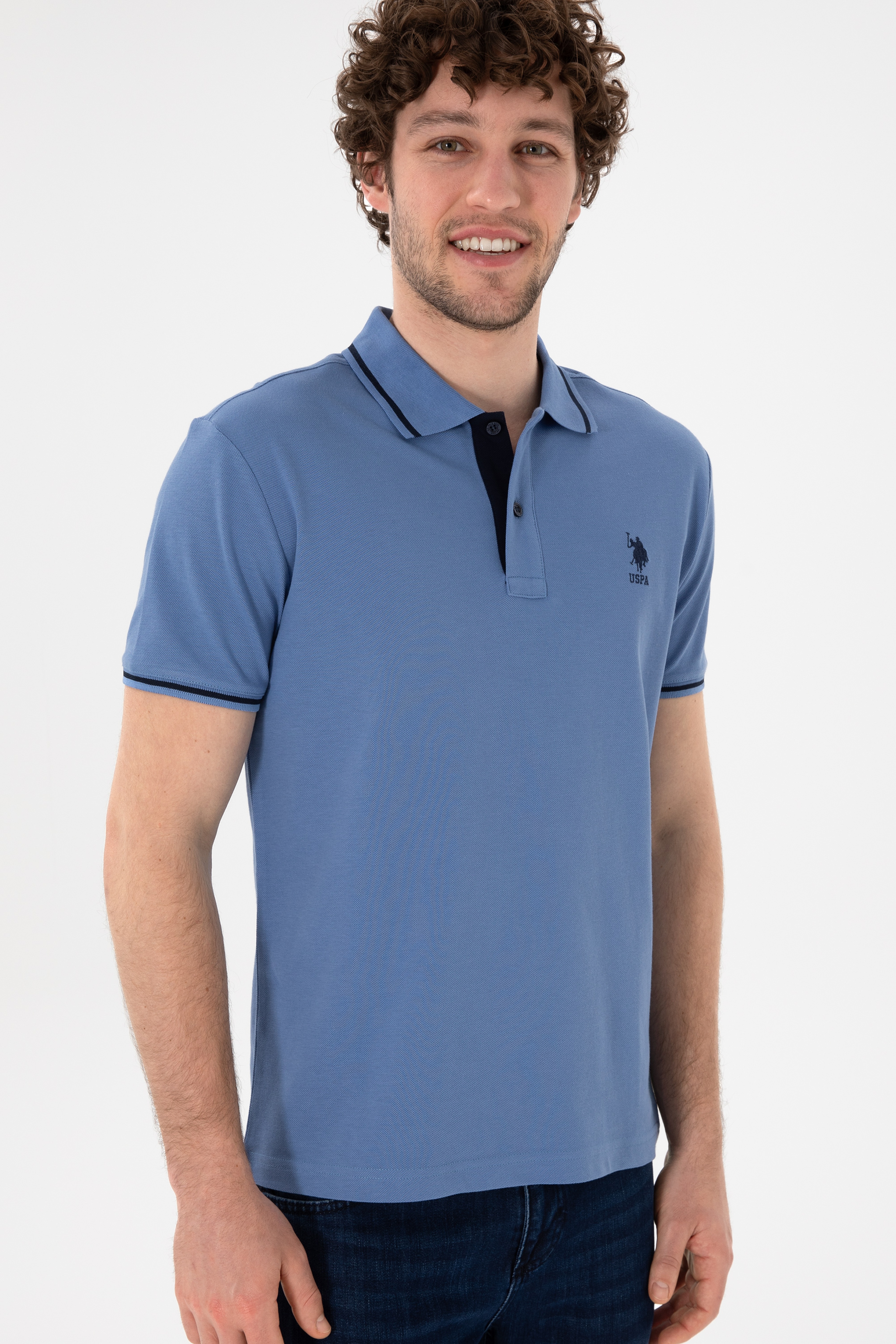 Erkek Slim Fit Polo Yaka Koyu Mavi Basic Tişört