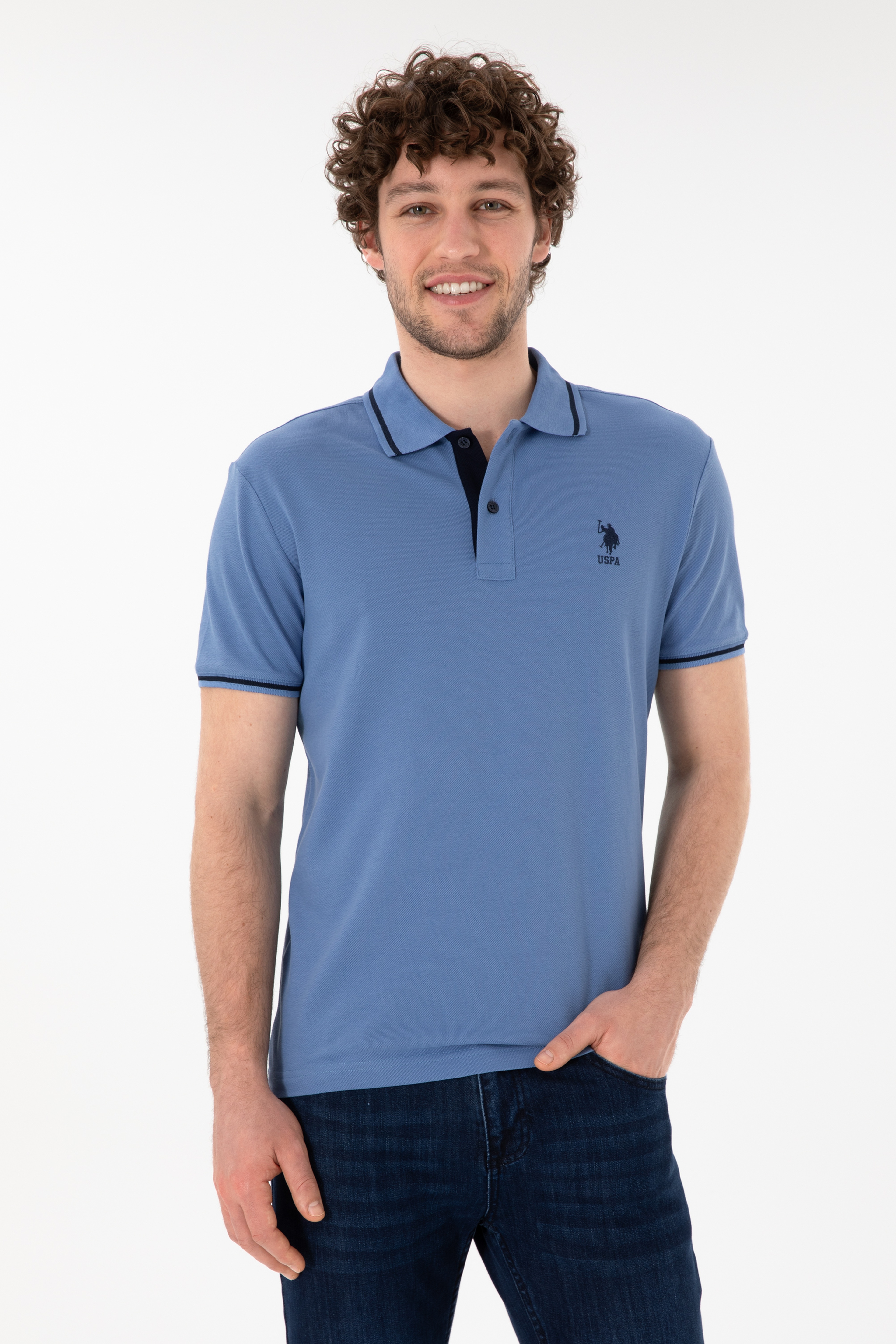 Erkek Slim Fit Polo Yaka Koyu Mavi Basic Tişört - Image 1