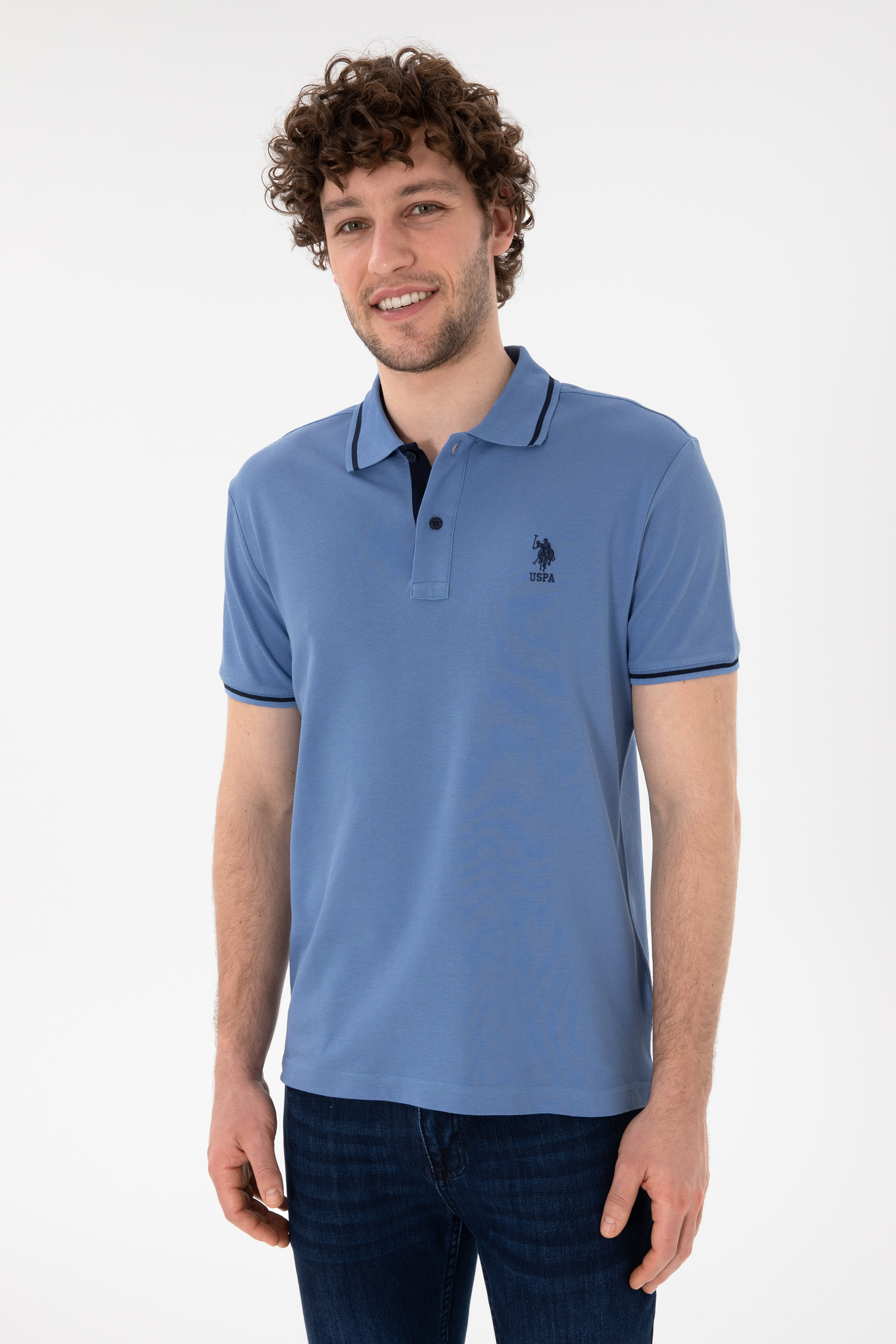 Erkek Slim Fit Polo Yaka Koyu Mavi Basic Tişört